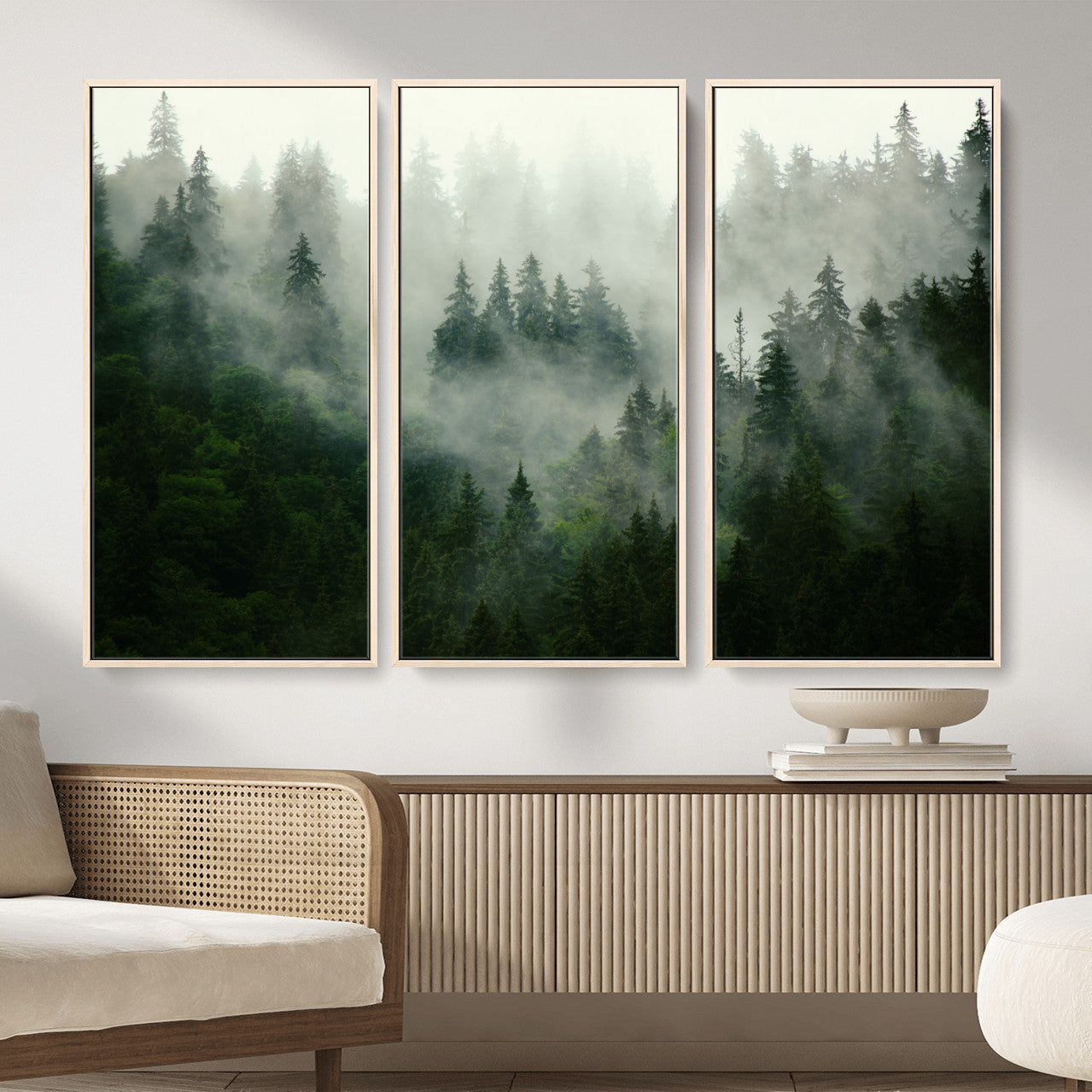 167720496-MGV-CV-36X24 - Misty Forest Mountain Wall Art Canvas | Large 3-Panel Foggy Landscape Canvas Print | Nature Misty
