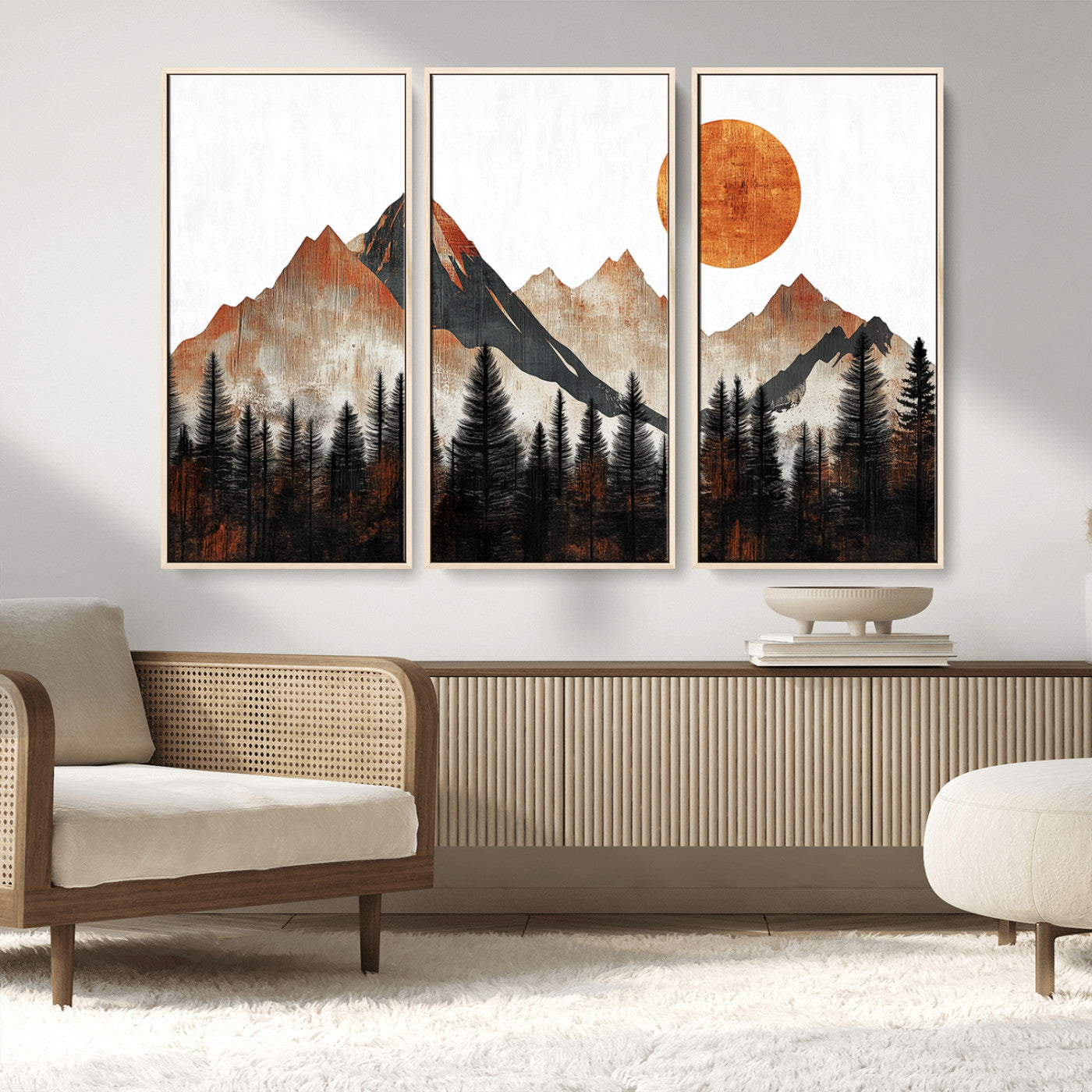 71366-MGV-FC-48X32-3P_Natural-Modern Abstract Mountain Canvas Wall Art Print, Abstract Landscape Print, Rustic Sun and Mountains