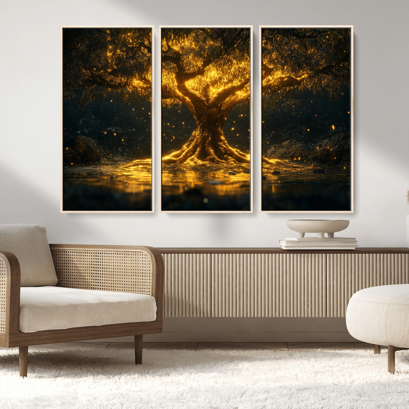 59580-MGV-FC-48X32-3P_Natural-Golden Tree of Life Canvas Wall Art Print - Majestic Glowing Tree Wall Art Print