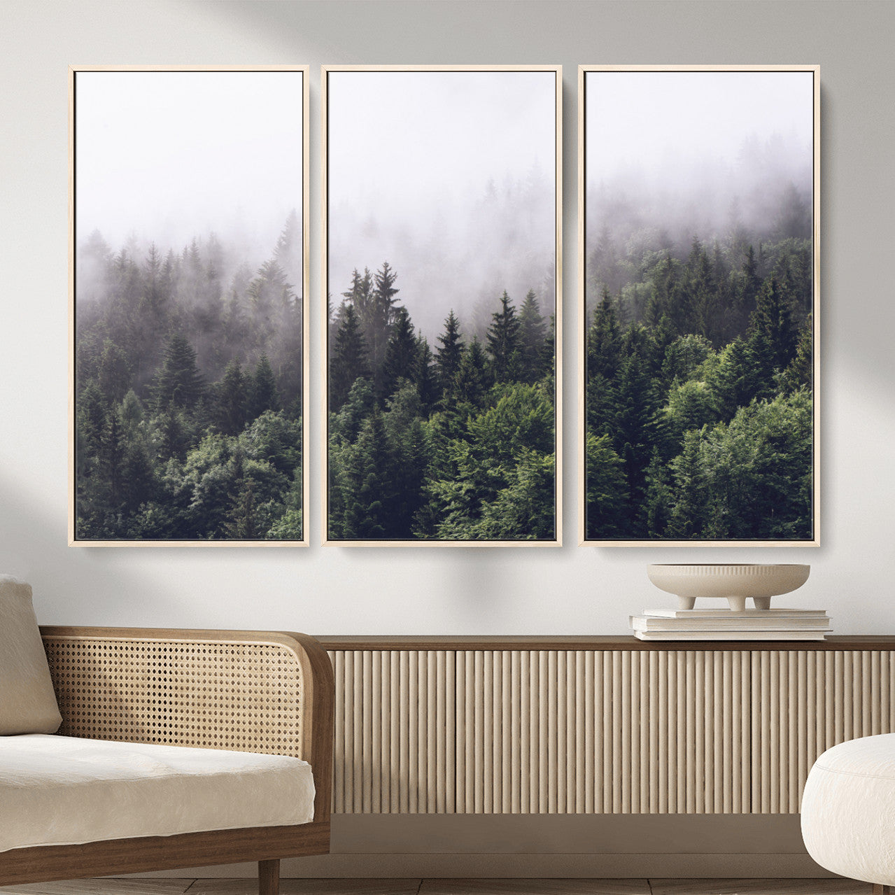 42578900-MGV-CV-36X24 - Misty Forest Canvas Wall Art – Serene Triptych Nature Print – Woodland Landscape Decor for Living