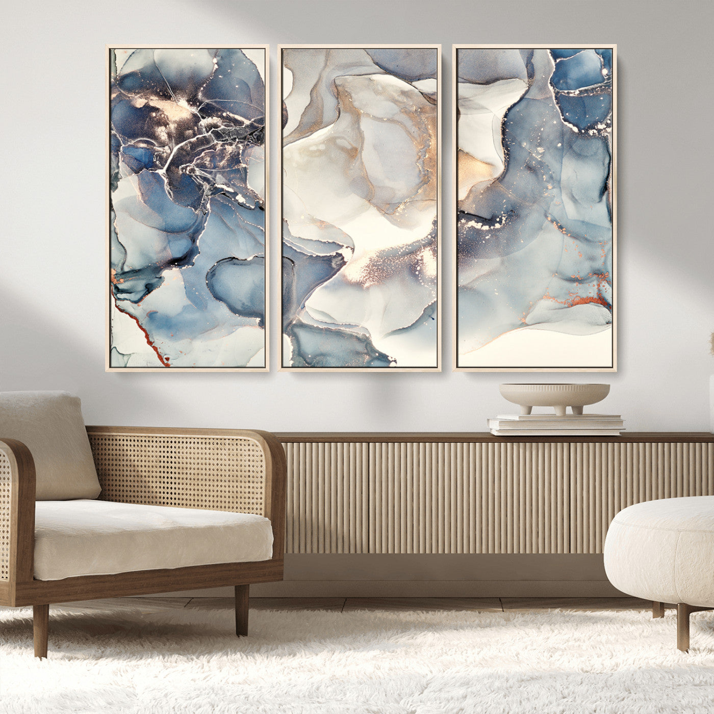 51497-MGV-FC-48X32-3P_Natural-Abstract Blue and Gold Canvas Wall Art - Fluid Modern Ink Artwork - Modern Luxury Wall Decor for