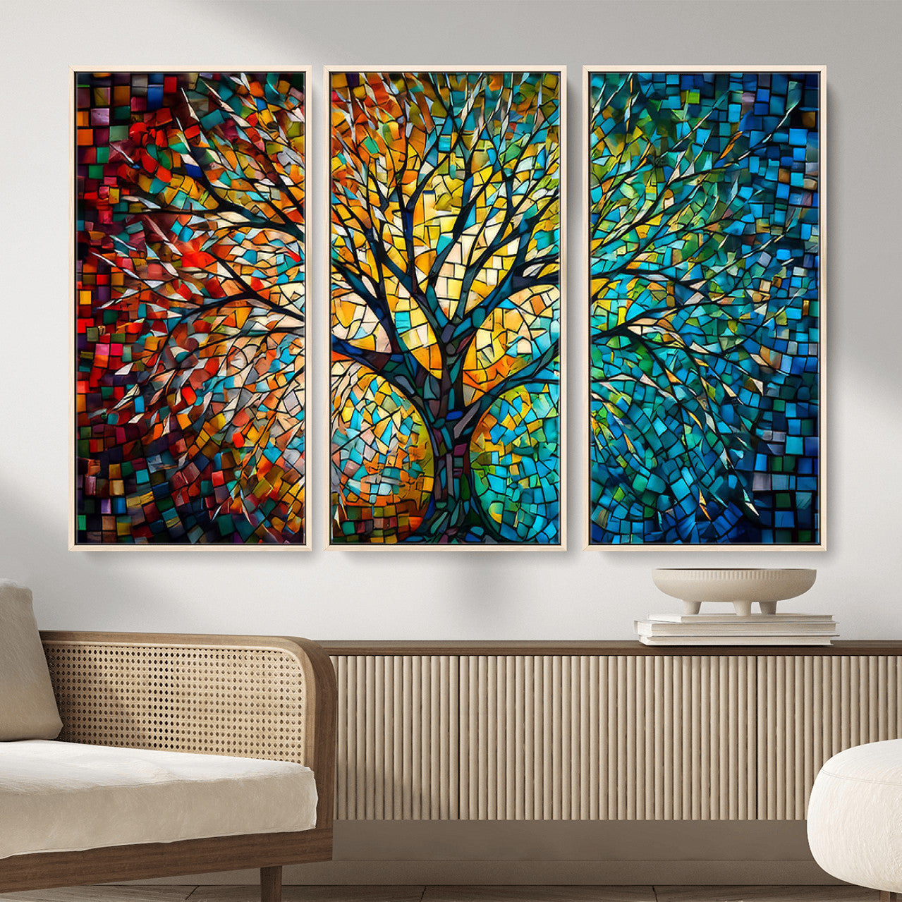 99325-MGV-CV-36X24 - Yggdrasil Tree of Life Wall Art Print Canvas | Mosaic Style 3-Panel Canvas Print