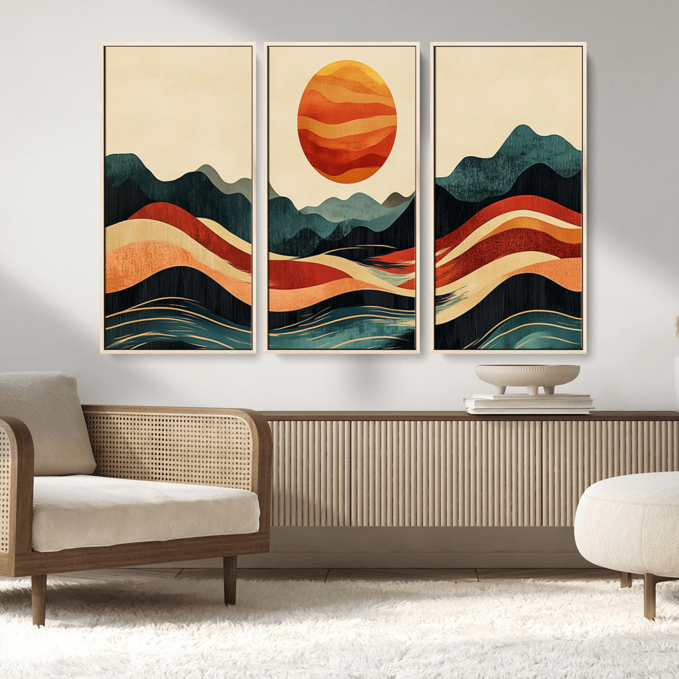 11087-MGV-FC-48X32-3P_Natural-Mountain Triptych Wall Art - Western Nature Prints - Framed Boho Pine Tree Canvas for Log Cabin or
