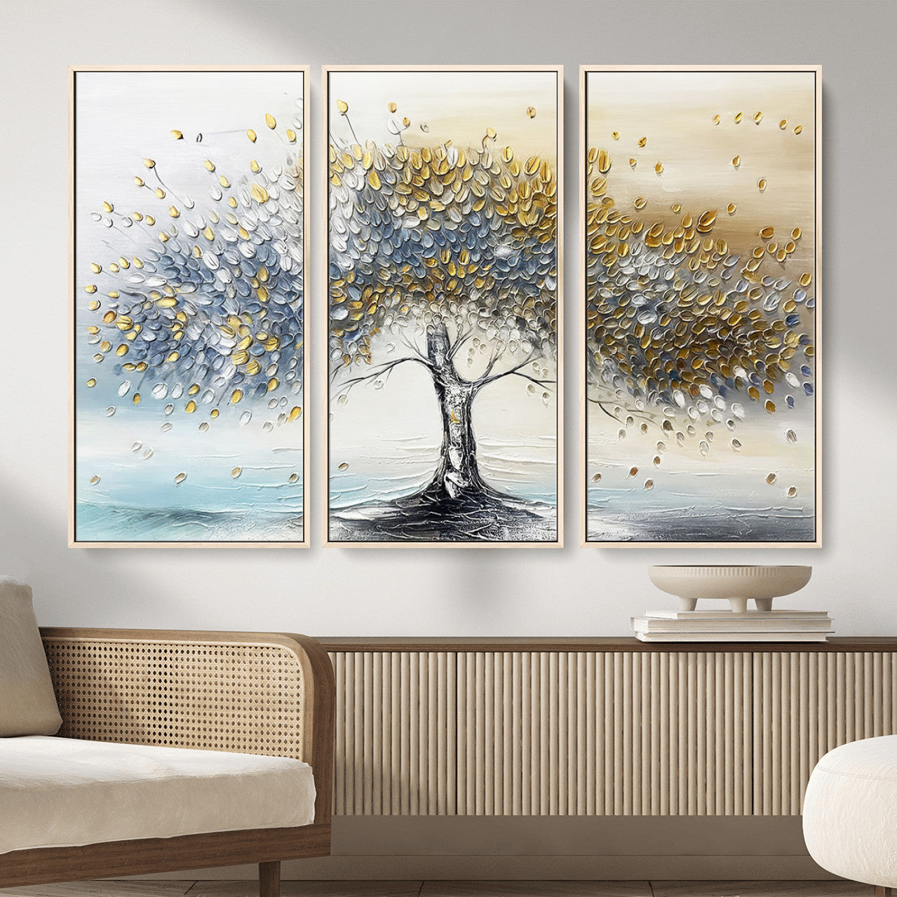 MGV-FC-48X32-3P - Golden & Silver Tree of Life Wall Art – Canvas Print with Whimsical Leaves Elegant Nature Design, Decorative Home, Office or Guest Room Decor