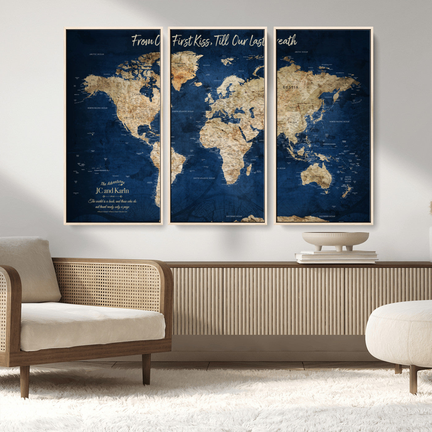56122A-MGV-FC-48X32-3P_Natural-Personalized Push Pin World Map Canvas Print – Custom Couple Travel Tracker Wall Art, Framed Anniversary Gift for Home Decor