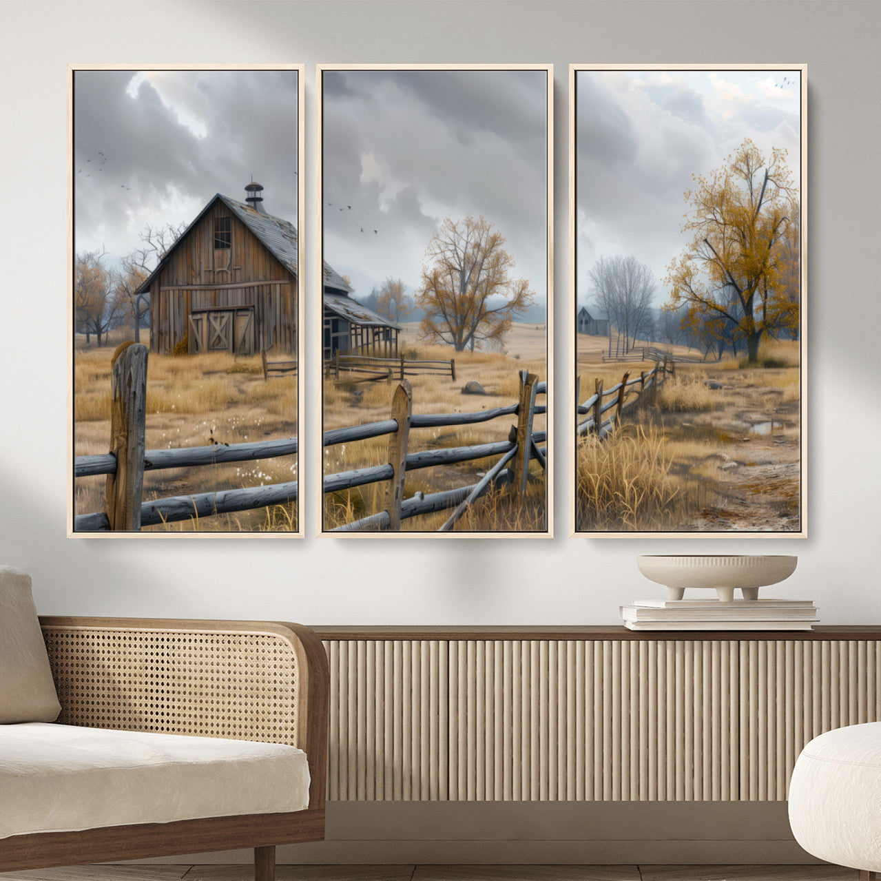 Farm1-MGV-CV-36X24 - Rustic Autumn Farmhouse Wall Art Canvas Print – Serene Countryside Scene with Weathered Barn and