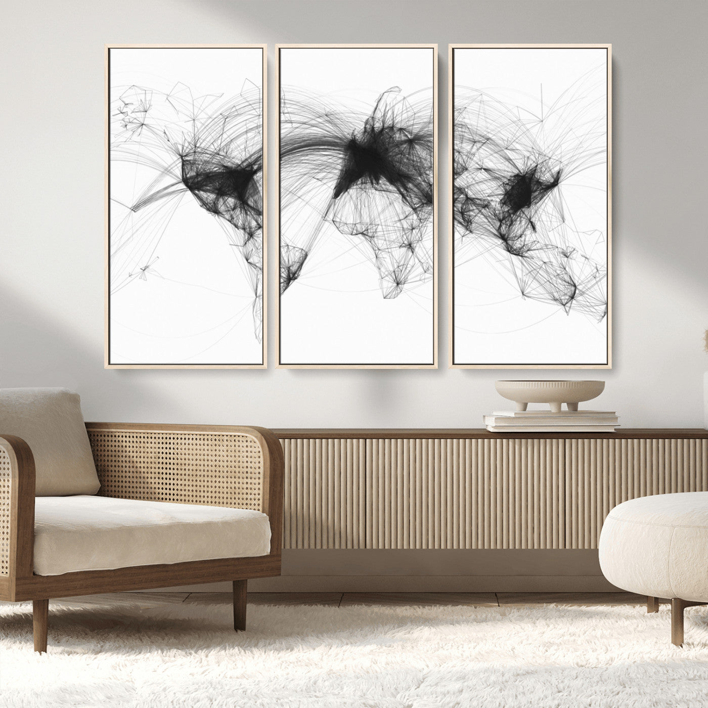 Black-Flight-Routes-MGV-FC-48X32-3P_Natural-Flight Routes Air Traffic Map Canvas Wall Art - Framed - Ready to Hang