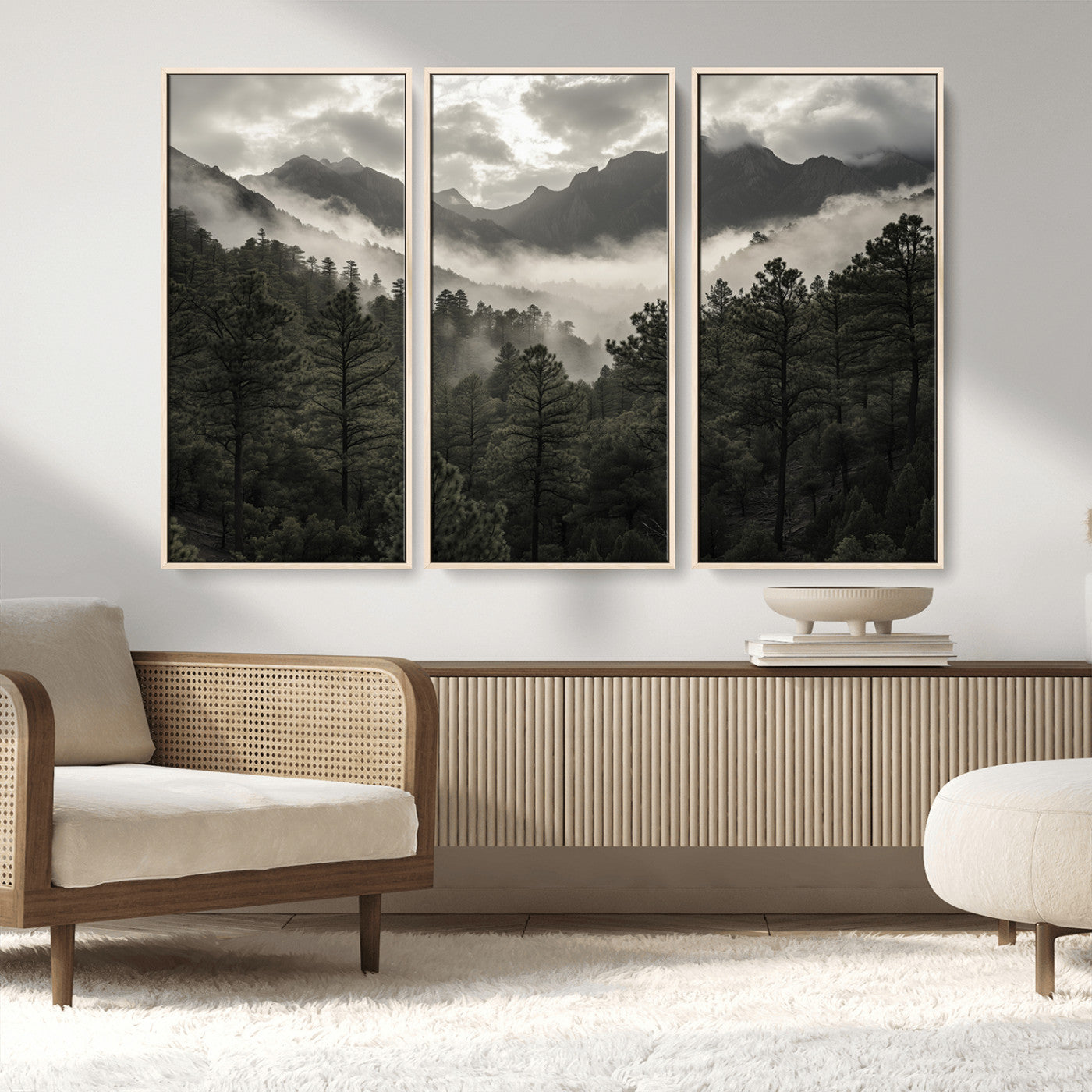 MGV-FC-48X32-3P - Misty Mountain Forest Wall Art – Canvas Print of Cloudy Peaks, Tranquil Pines, Enchanted Landscape, Majestic Nature Decor for Home or Office