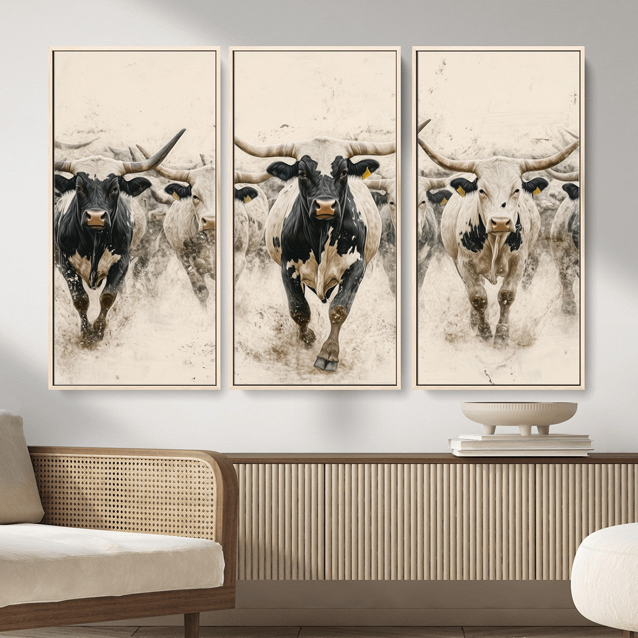 MGV-FC-48X32-3P - Cream Dust Longhorn Wall Art – Canvas Print of Western Herd Stampede, Dynamic Charge, Rustic Prairie Motion, Bold Nature Farm Decor