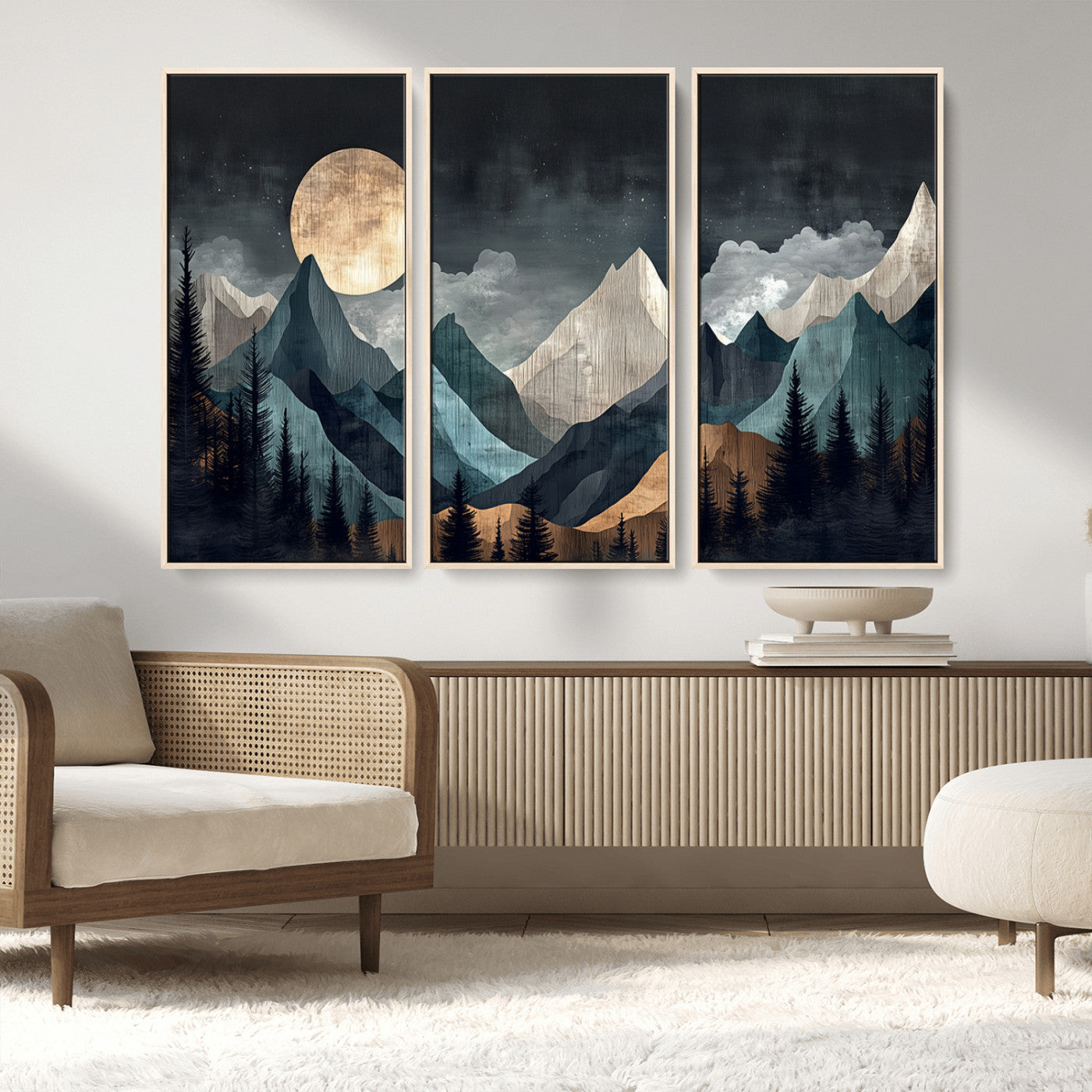 11060882-MGV-FC-48X32-3P_Natural-Moonlit Mountain Wall Art Canvas Print – Silhouetted Pines Layered Peaks Tranquil Sky Mist Silver Light Nature Artwork for Home