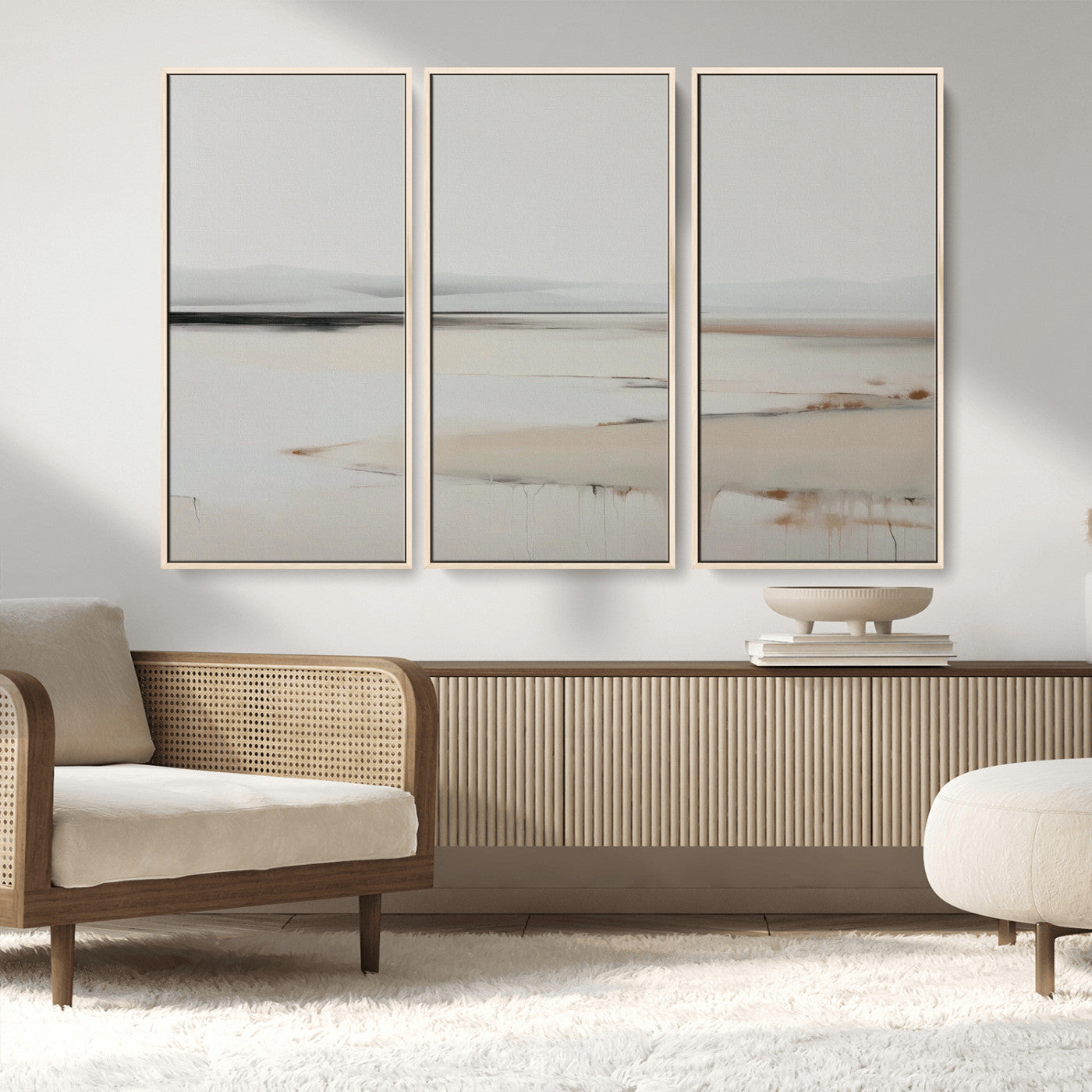 89410095-MGV-CV-36X24-Minimalist Landscape Wall Art Canvas Print – Framed Soft Horizon Abstract Seascape Earthy Tones Artwork for Home Office
