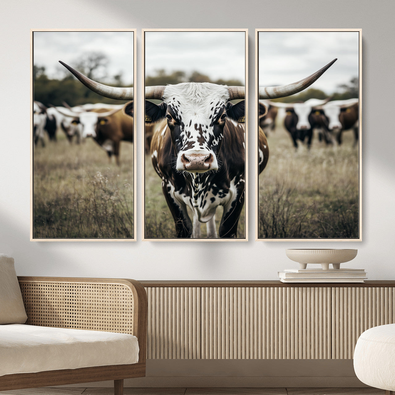MGV-FC-48X32-3P - Majestic Longhorn Cow Wall Art – Canvas Print of Intricate Fur & Sharp Horns Earthy Tones Serene Landscape, Rustic Charm Decor for Living Room, Office or Bedroom