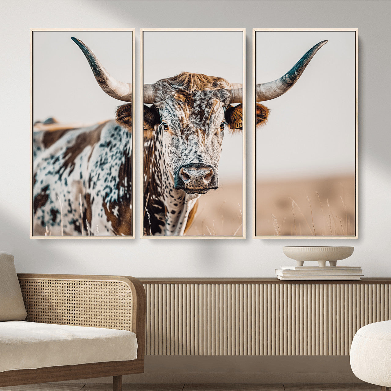 70414966-MGV-FC-48X32-3P - Majestic Longhorn Wall Art – Canvas Print of Strong Stance Intricate Fur & Sharp Horns Rustic Elegance & Timeless Wild Beauty Decor for Living Room, Office or Bedroom