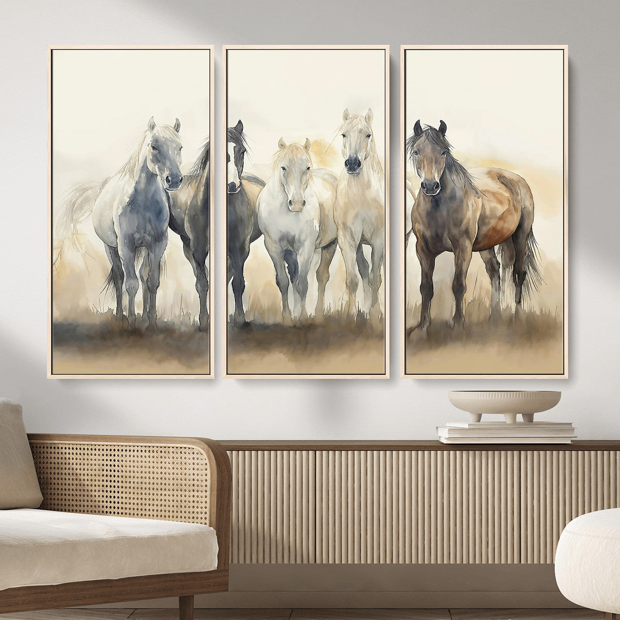 MGV-FC-48X32-3P - Wild Horses Wall Art Canvas Print, Framed Running Horses Art Picture Print, Watercolor Horses Perfect Rustic Western Decor Artwork