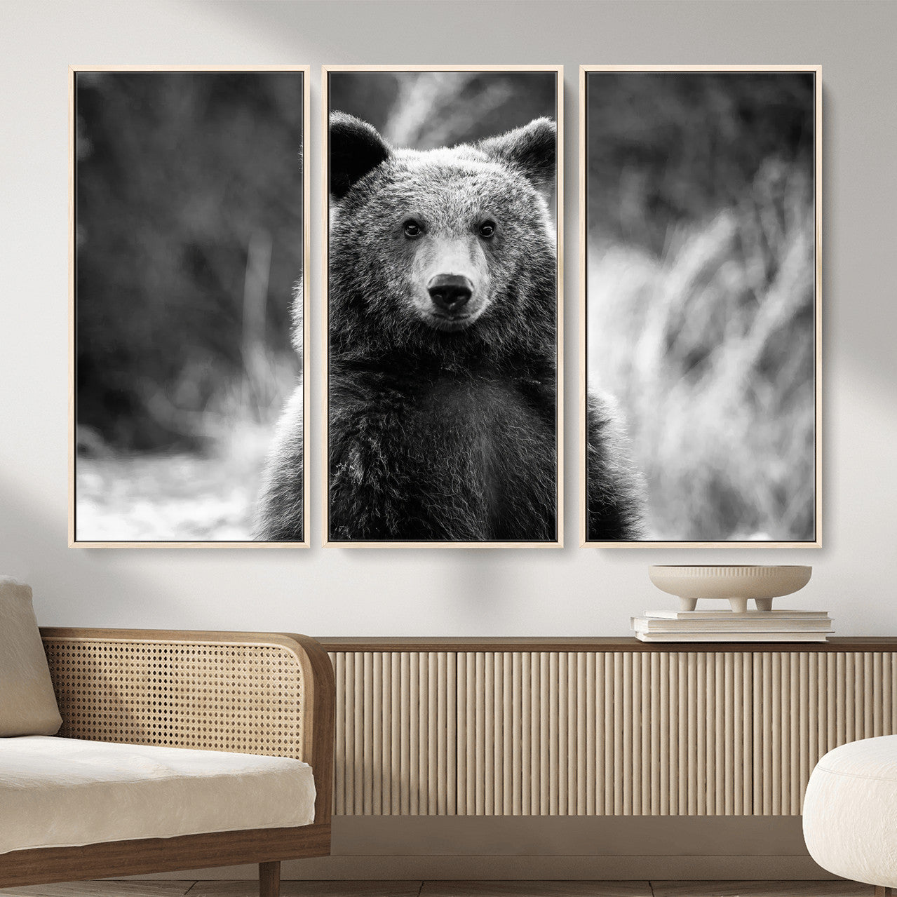 55656803-MGV-FC-48X32-3P_Natural-Grizzly Bear Wall Art Canvas Print – Framed Black White Wildlife Rustic Nature Artwork for Home, Office Decor