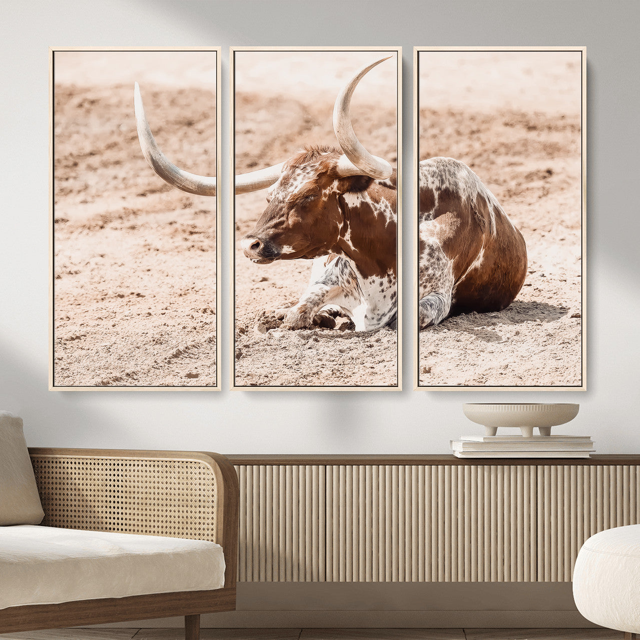 91248682-MGV-CV-36X24-Texas Longhorn Wall Art Canvas Print – Framed Resting Bull Scene with Spotted Cattle Artwork for Home, Office