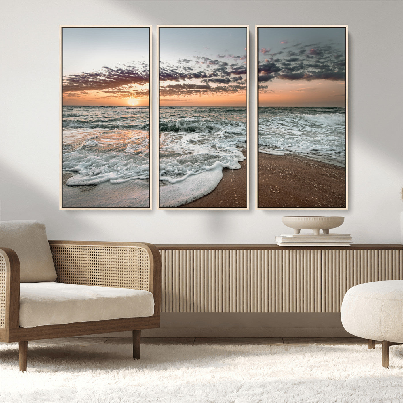 40632752-MGV-FC-48X32-3P_Natural-Ocean Sunset Wall Art Canvas Print – Framed Beach Waves Scene with Coastal Artwork for Home, Office, Living Room