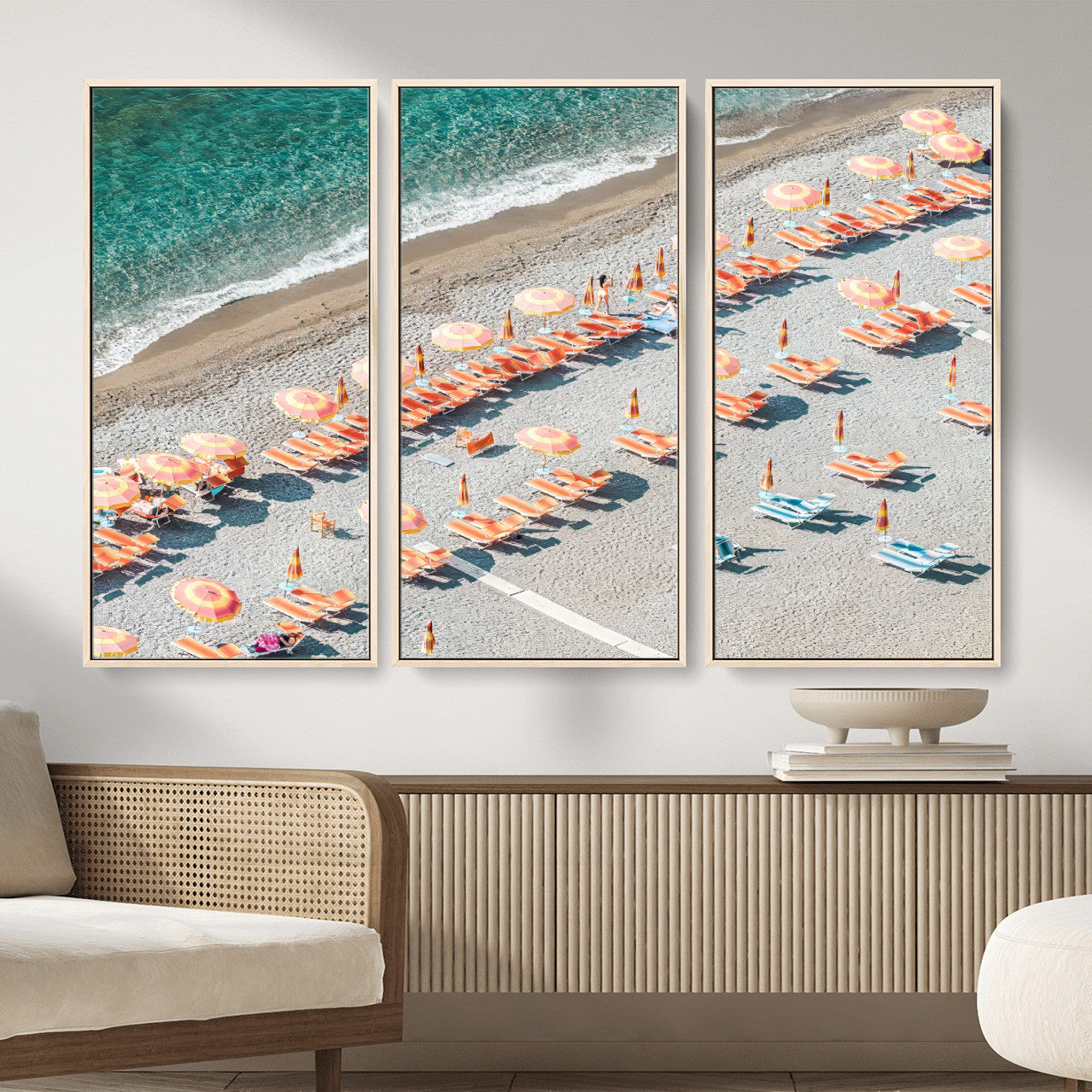 27805351-MGV-CV-36X24 - Beach Umbrellas Wall Art – Orange Loungers & Turquoise Water Canvas Print, Sandy Shore and Summer Vibes