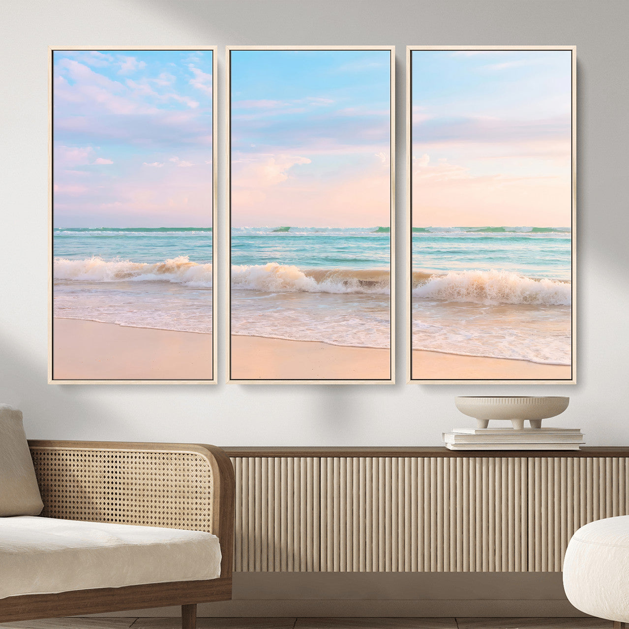 74679437-MGV-CV-36X24 - Serene Waves Wall Art – Golden Shore & Soft Pastel Sky Canvas Print, Gentle Ocean and Peaceful Sunset for Living Room or Office