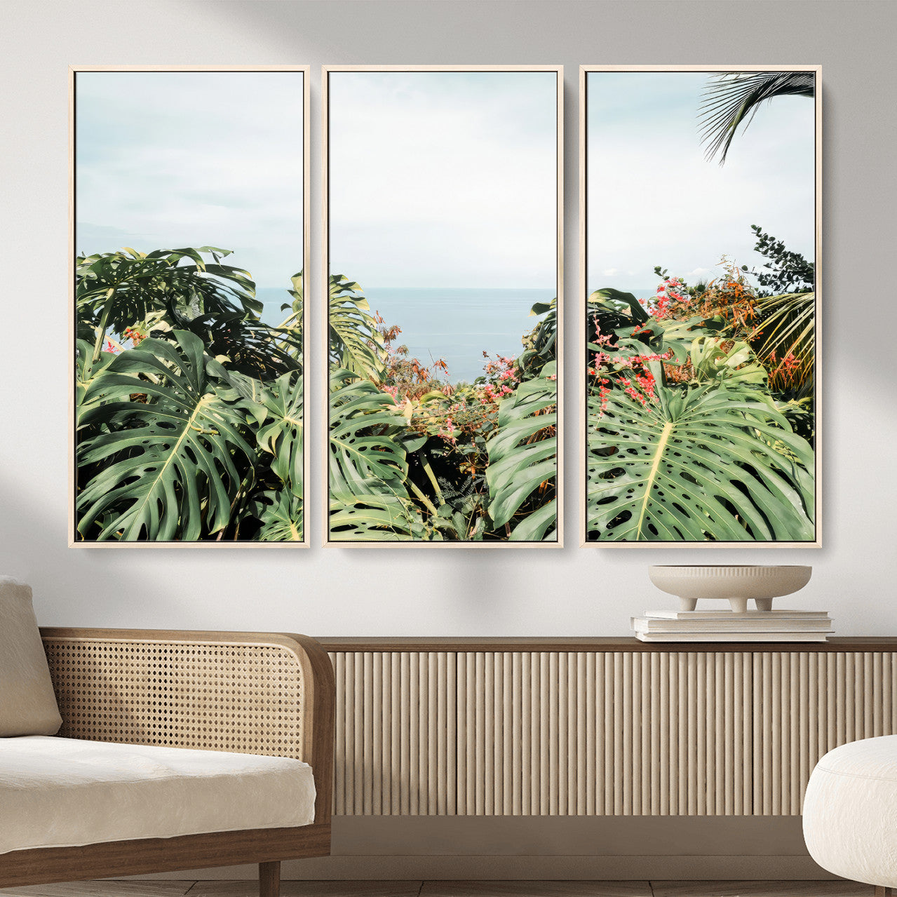 45700479-MGV-CV-36X24 - Tropical Greenery Wall Art – Exotic Leaves & Ocean View Canvas Print, Sunlit Paradise and Vibrant Nature for Living Room or Coastal Decor
