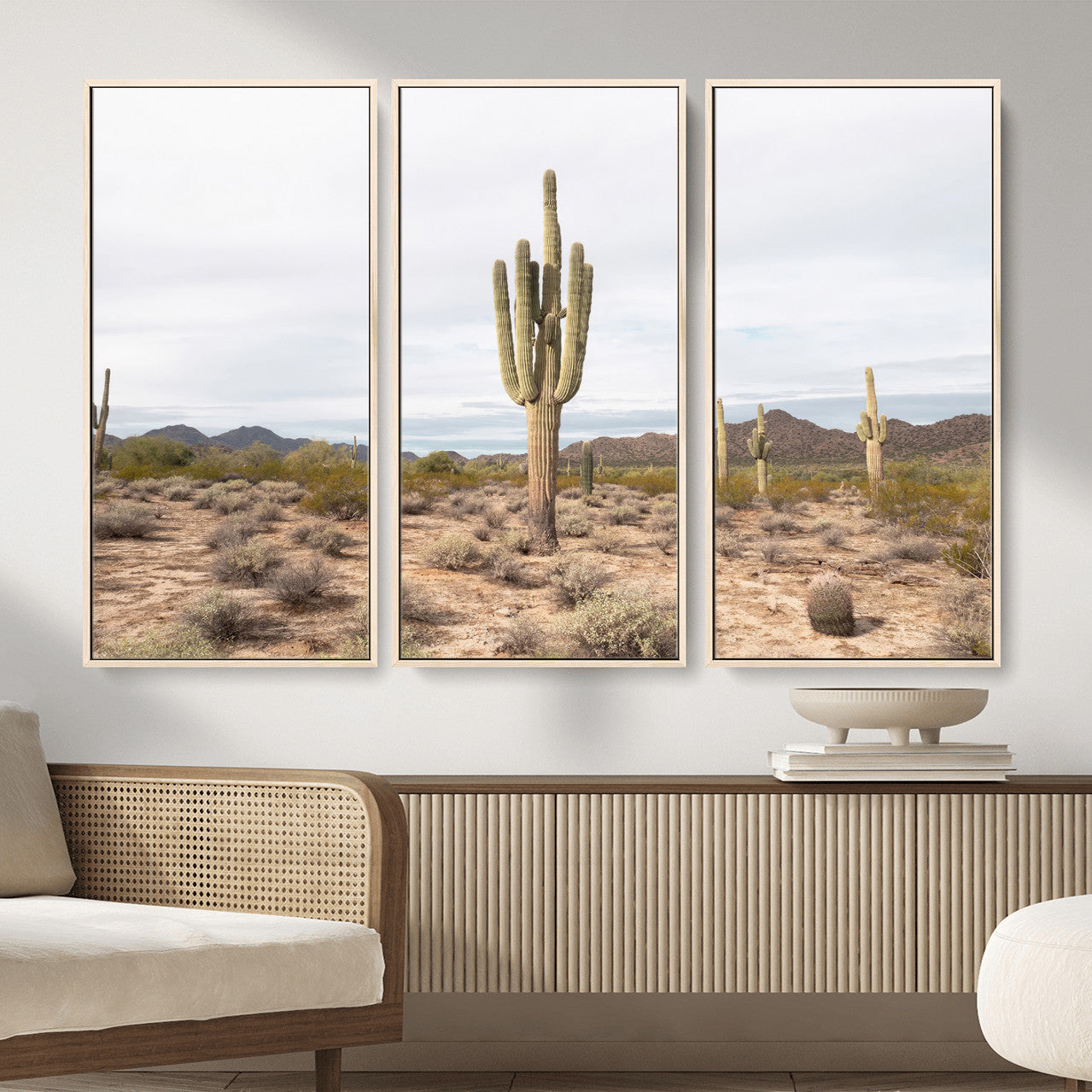 MGV-FC-48X32-3P - Saguaro Cactus Wall Art Canvas Print, Framed Desert Cactus Art Picture Print, Earthy Desert Perfect Southwestern Boho Decor Artwork