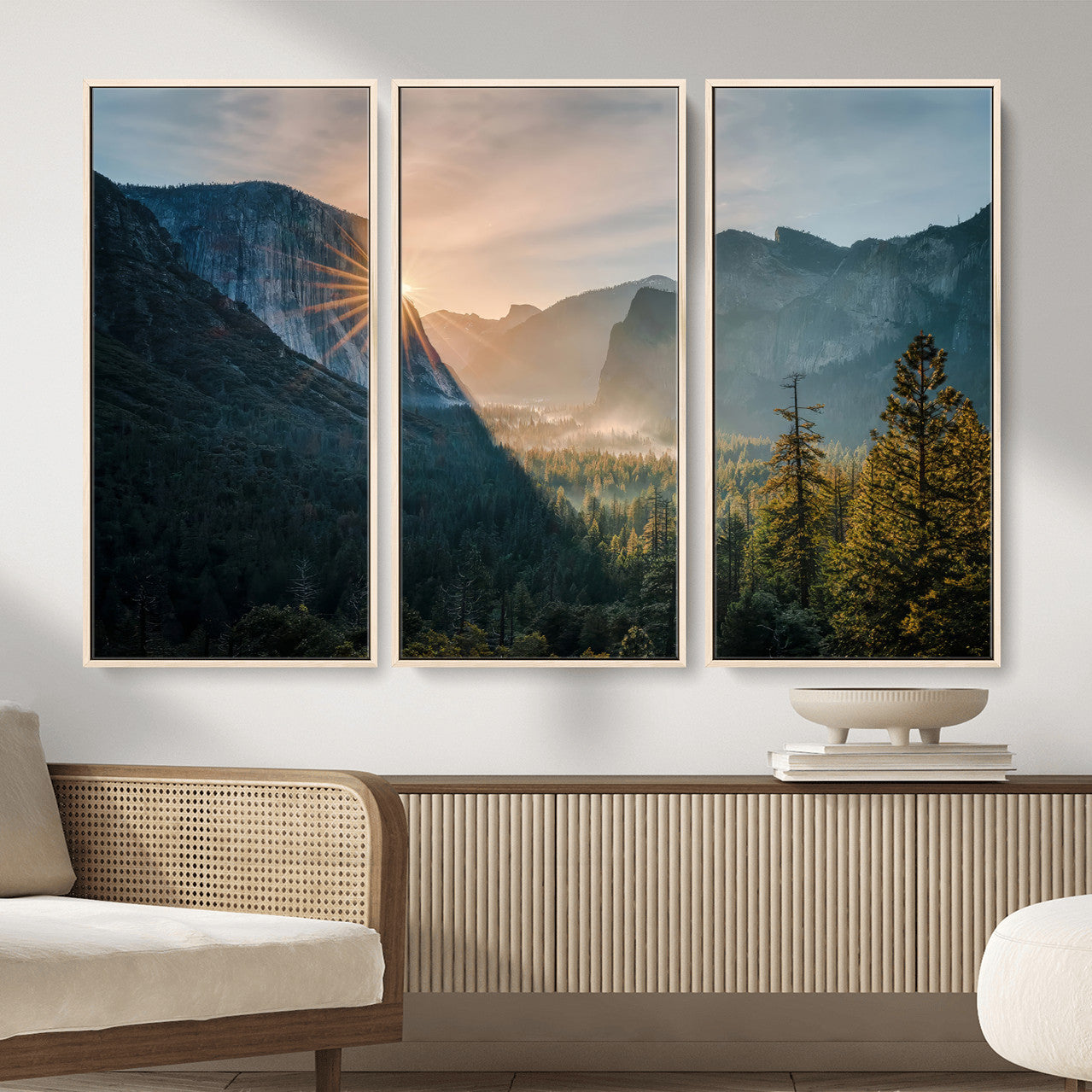 51605481-MGV-CV-36X24 - Yosemite Valley Wall Art – Misty Forest Peaks Canvas Print, Radiant Light, Tranquil Nature Landscape for Living Room or Cabin Decor
