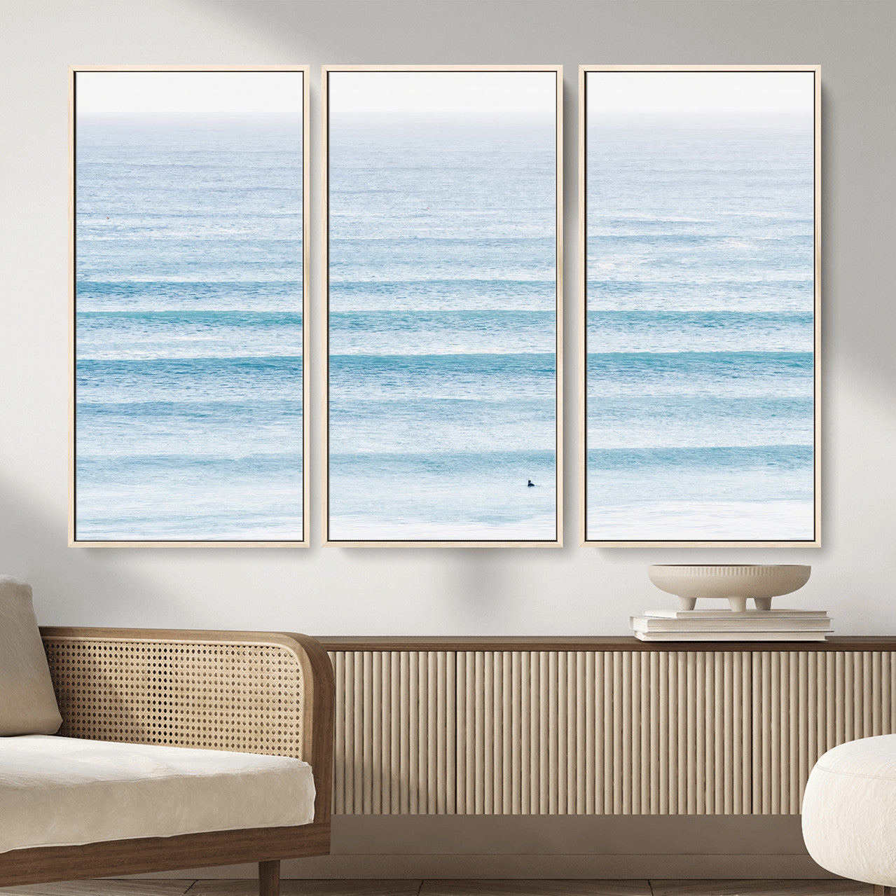 77145995-MGV-FC-48X32-3P_Natural-Ocean Wave Surfer Wall Art – Framed Minimal Seascape Canvas Artwork, Calm Blue Water Design, Coastal Decor for Home, Office