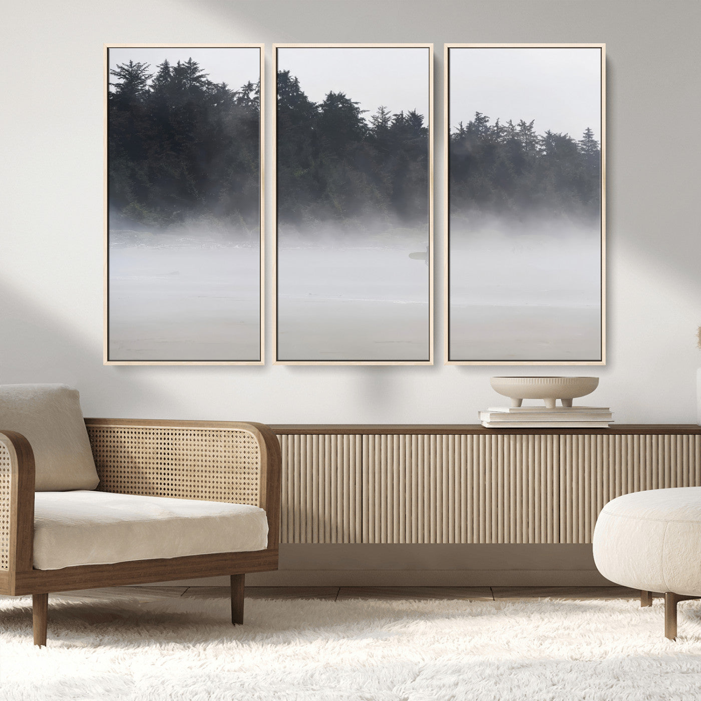 59703275-MGV-CV-36X24-Surfer Fog Wall Art Canvas Print – Framed Foggy Beach Scene with Coastal Surf Artwork for Home, Office, Living Room