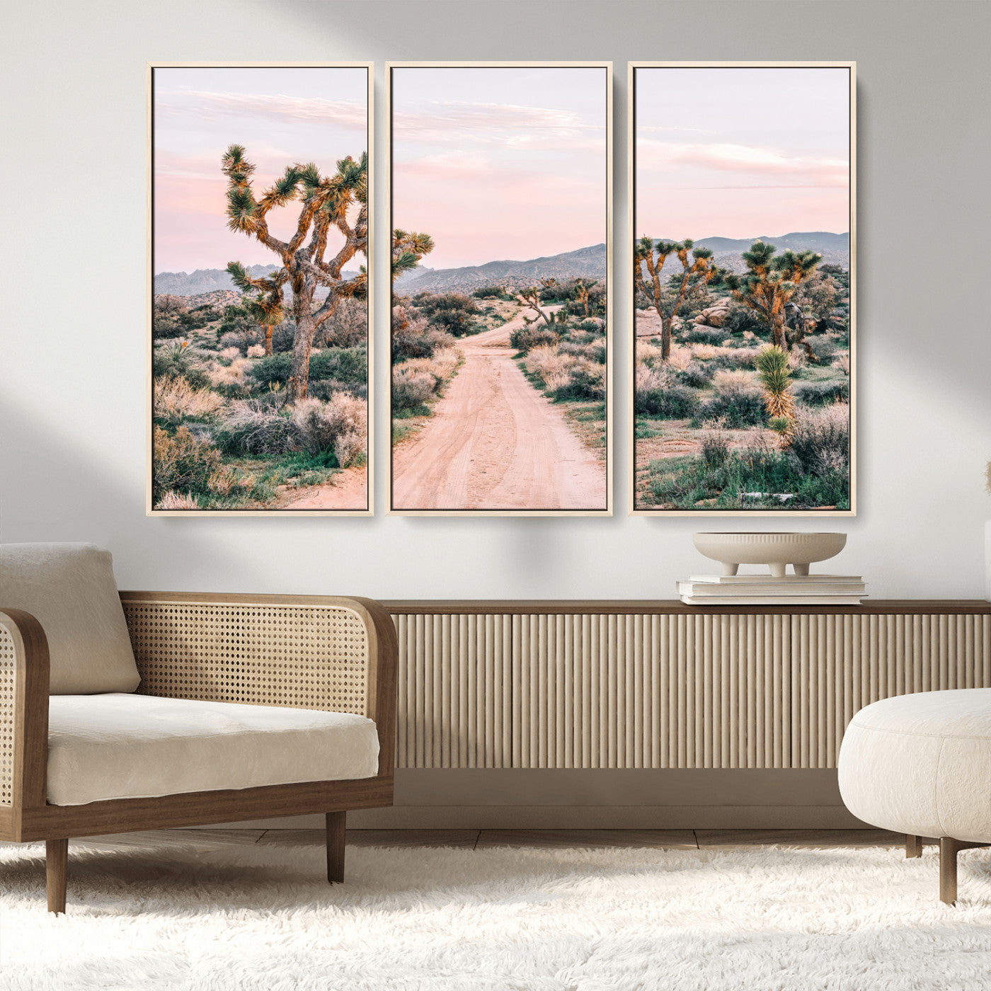 MGV-FC-48X32-3P - Desert Trail Wall Art – Canvas Print of Joshua Trees & Sunset Glow, Sandy Path Wilderness, Scenic Nature Escape Decor for Living Room, Office or Bedroom