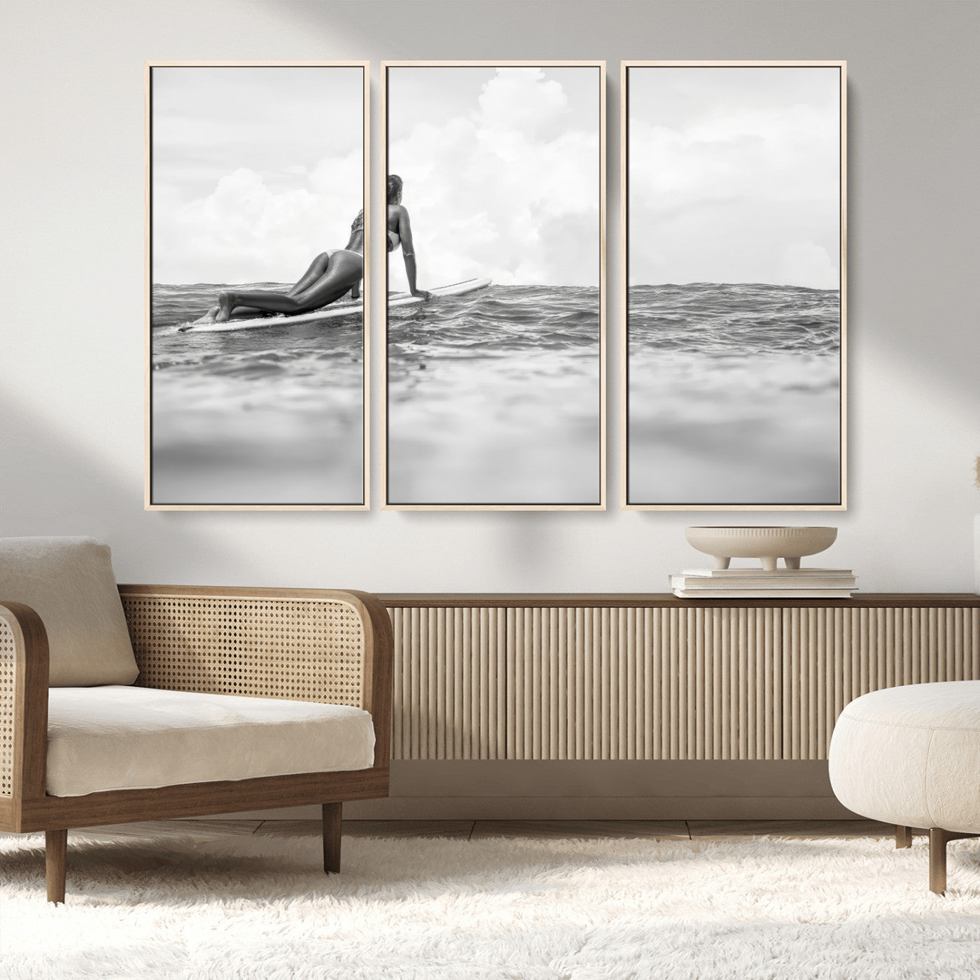 69798068-MGV-FC-48X32-3P_Natural-Black and White Surfing Wall Art Canvas Print – Framed Ocean Horizon with Surfer Girl Coastal Adventure Artwork for Home, Office