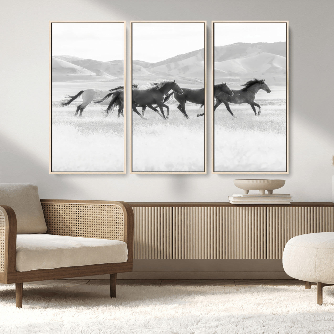 MGV-FC-48X32-3P - Wild Horses Wall Art – Black & White Canvas Print of Herd Running, Nature in Motion, Freedom & Beauty Decor for Guest Room, Office or Living Room