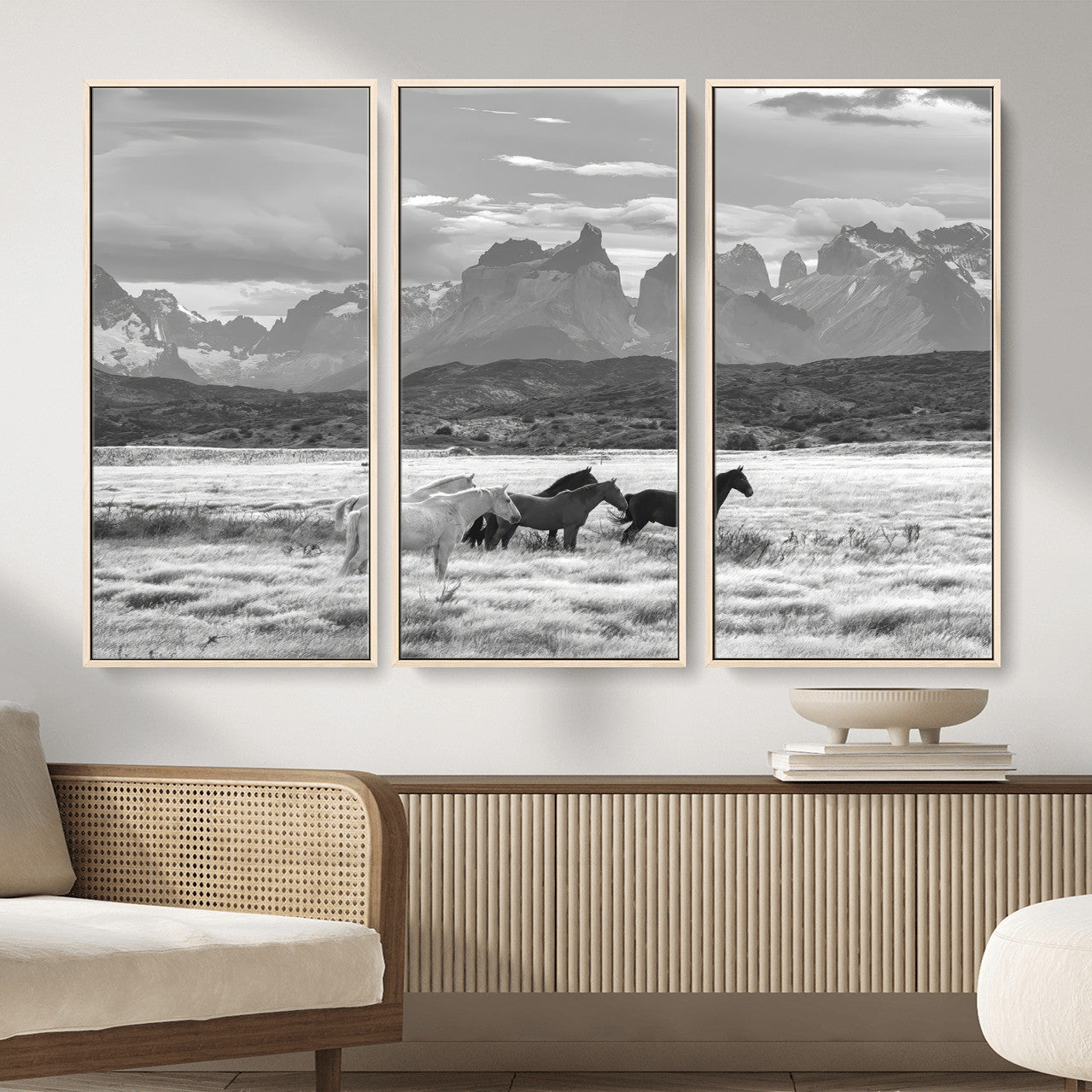 MGV-FC-48X32-3P - Wild Horses Wall Art Canvas Print, Framed Black White Mountains Art Picture Print, Rustic Countryside Perfect Rustic Western Decor Artwork