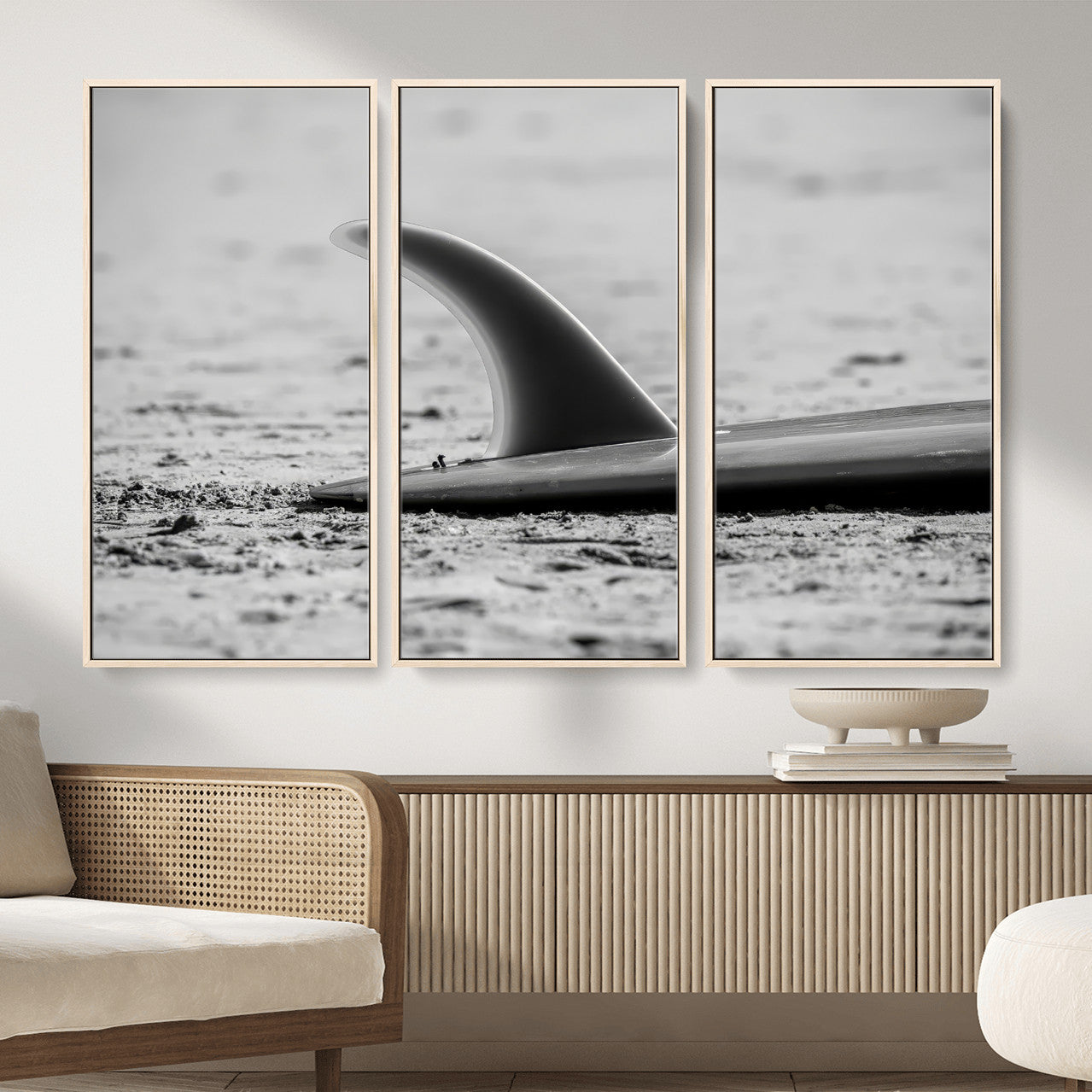 MGV-FC-48X32-3P - Black White Surfboard Wall Art Canvas Print, Framed Minimalist Beach Art Picture Print, Surf Fin Perfect Minimalist Coastal Decor Artwork
