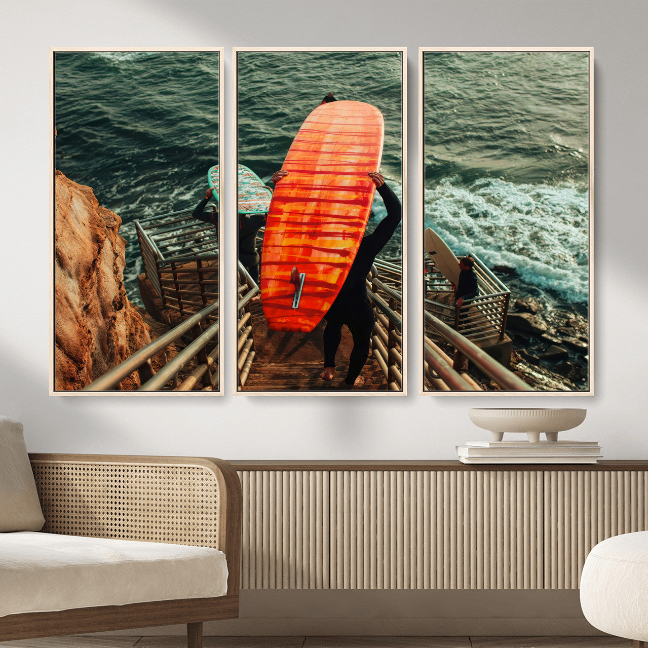 MGV-FC-48X32-3P - Surfer Stairway Wall Art Canvas Print, Framed Ocean Surf Art Picture Print, Sunset Coastal Perfect Coastal Adventure Decor Artwork
