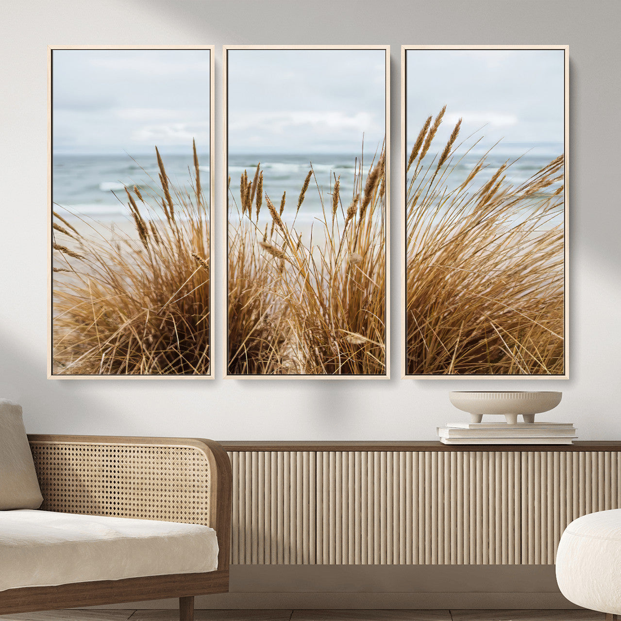14270839-MGV-CV-36X24-Beach Grass Wall Art – Framed Coastal Dunes Canvas Artwork, Minimal Seaside Design, Modern Coastal Decor for Home, Office