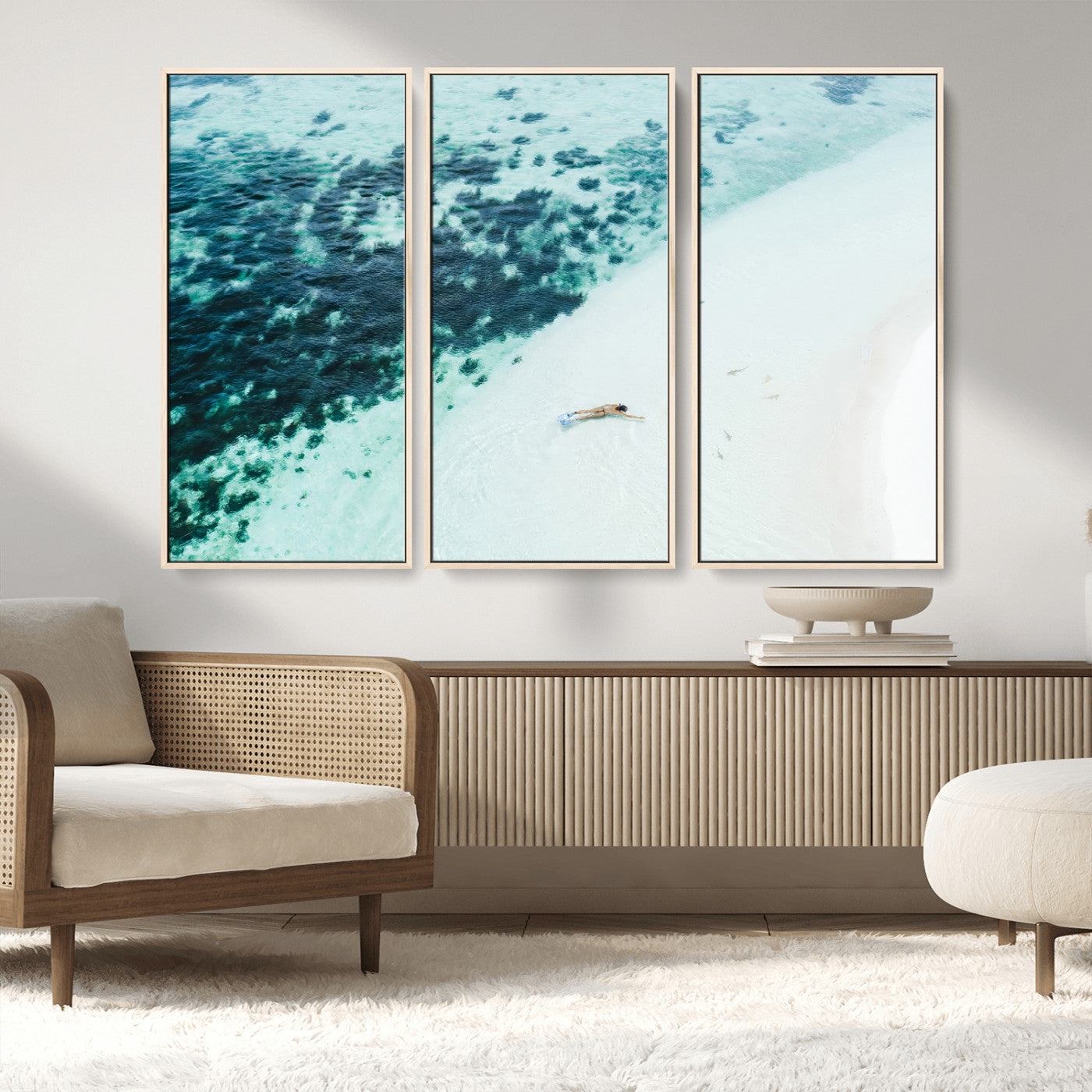 33764764-MGV-FC-48X32-3P_Natural-Minimal Beach Wall Art – Framed Ocean Swimming Canvas Artwork, Clear Blue Sea Design, Modern Coastal Decor for Home, Office