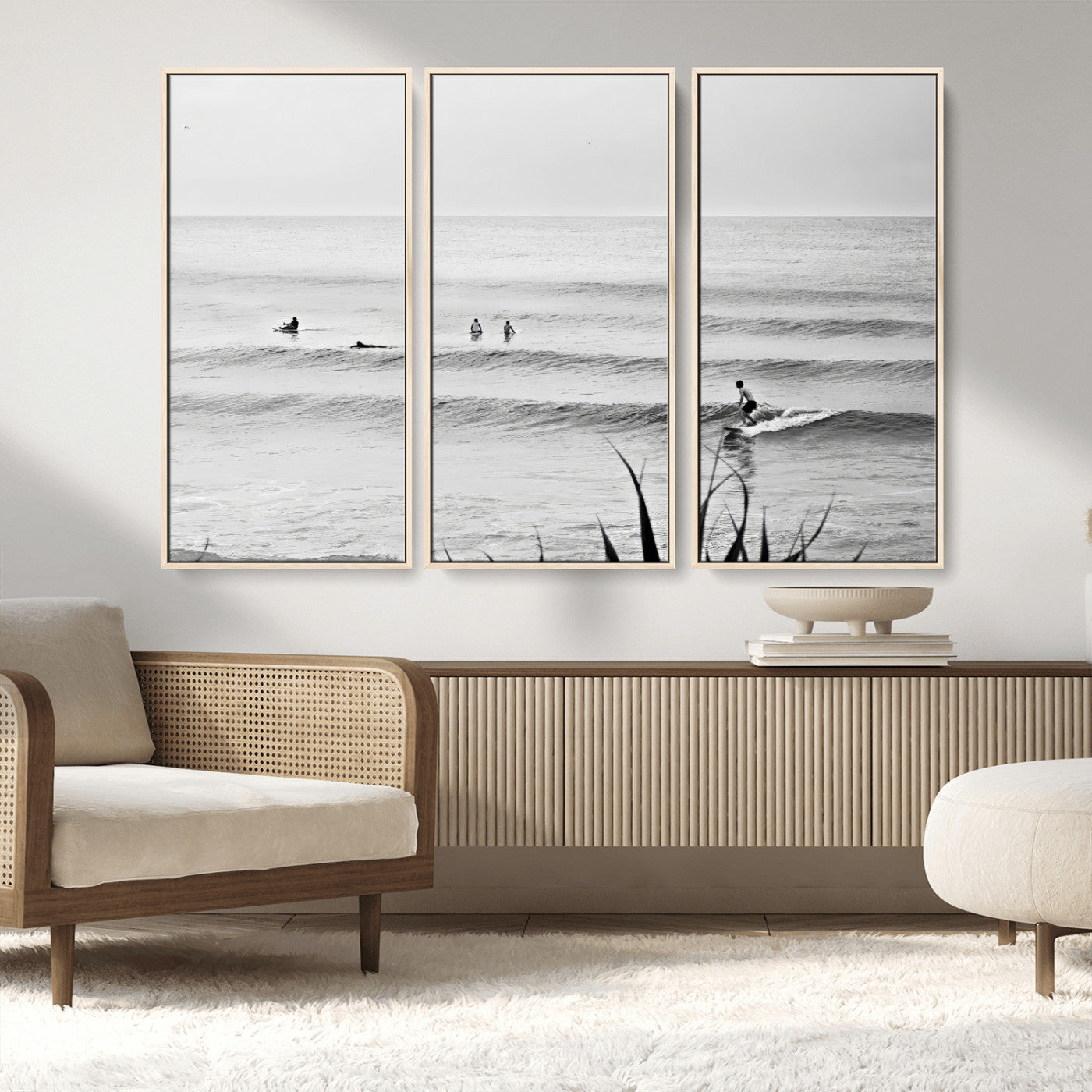 33821421-MGV-FC-48X32-3P_Natural-Surfer Silhouette Wall Art – Framed Calm Ocean Canvas Artwork, Monochrome Minimal Design, Modern Coastal Decor for Home, Office