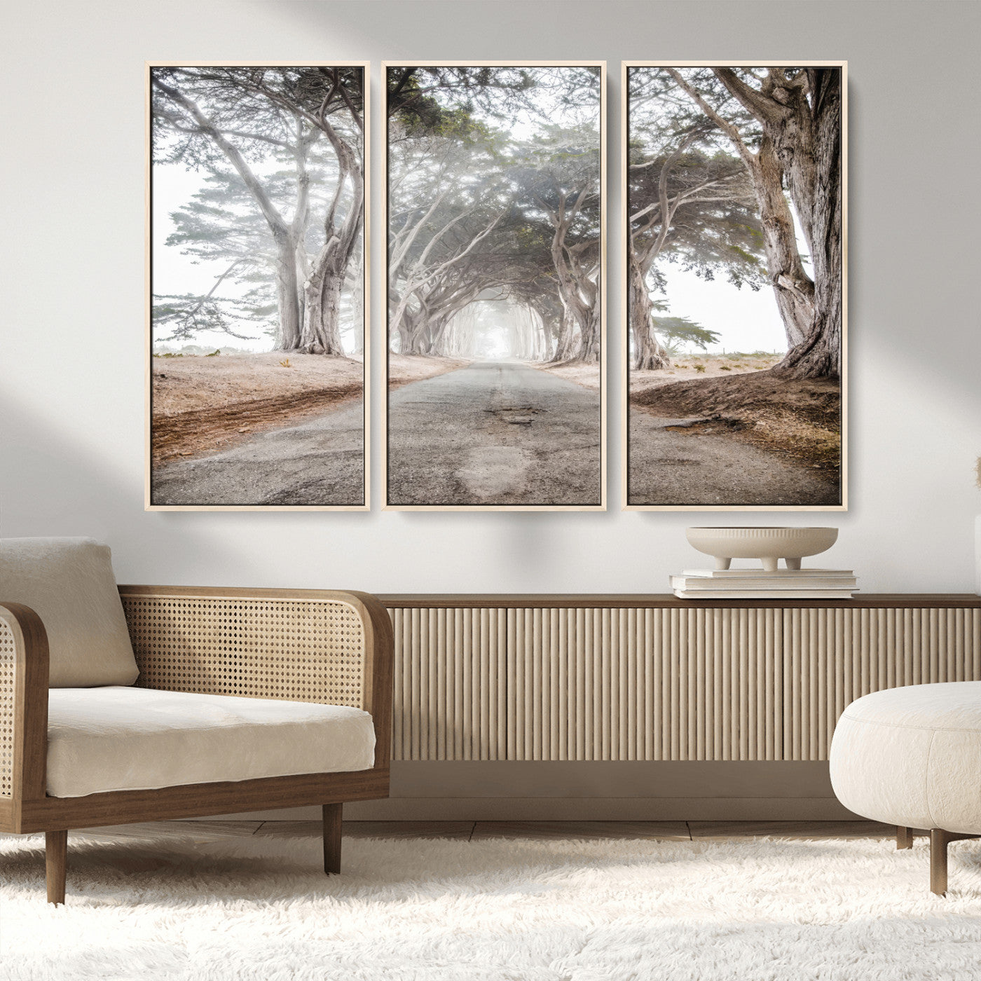 87090469-MGV-CV-36X24-Cypress Tunnel Wall Art – Framed Misty Road Canvas Artwork, Foggy Trees Design, Rustic Woodland Nature Decor for Home, Office