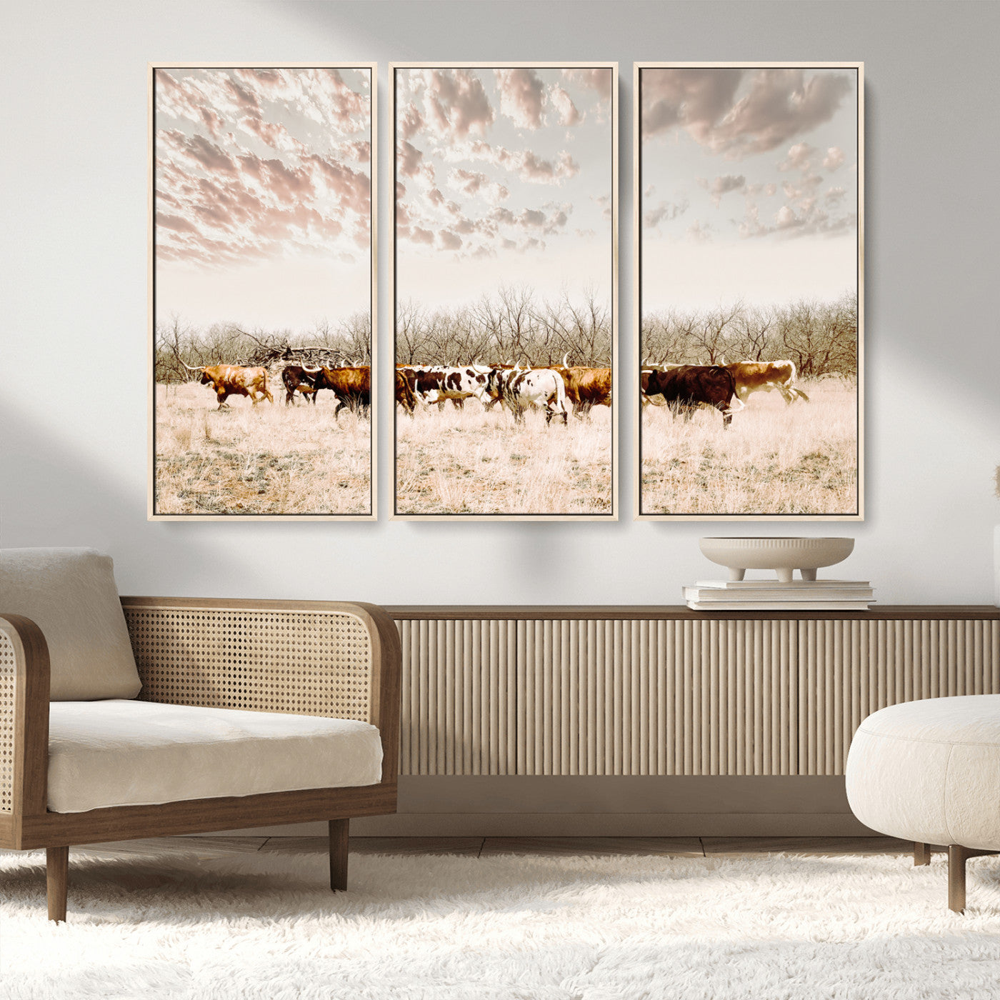 64892775-MGV-FC-48X32-3P_Natural-Longhorn Cattle Wall Art Canvas Print, Framed Texas Ranch Art Picture Print, Western Cow Perfect