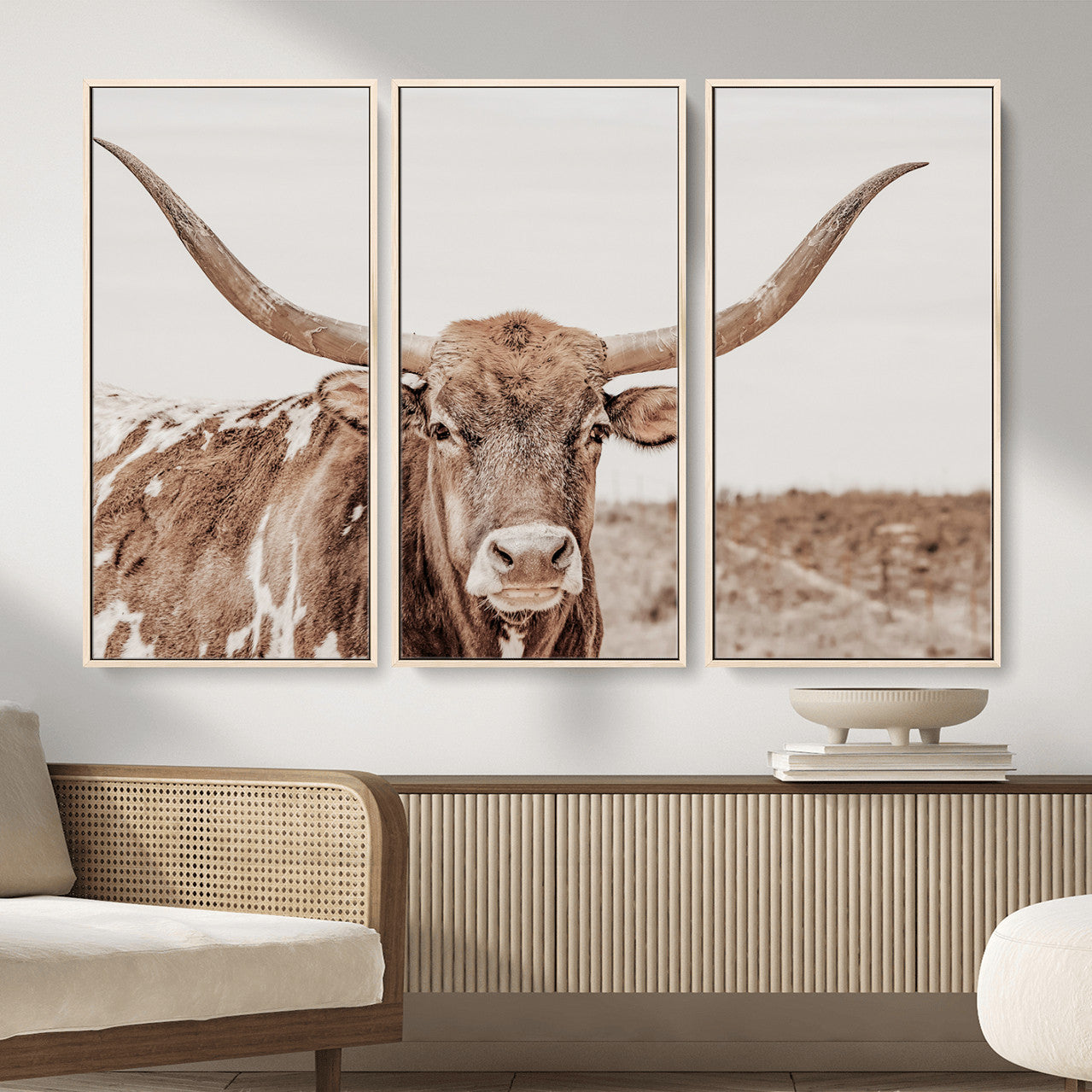 39964150-MGV-CV-36X24 - Longhorn Cow Wall Art Canvas Print, Texas Ranch Print, Framed Western Bull Art Print, Large BigHorn Cowboy Printing Perfect for County Decor