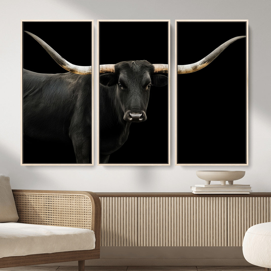 Longhorn Cattle Wall Art Canvas Print, Framed Texas Ranch Print, Western Cow Art, Prairie Landscape