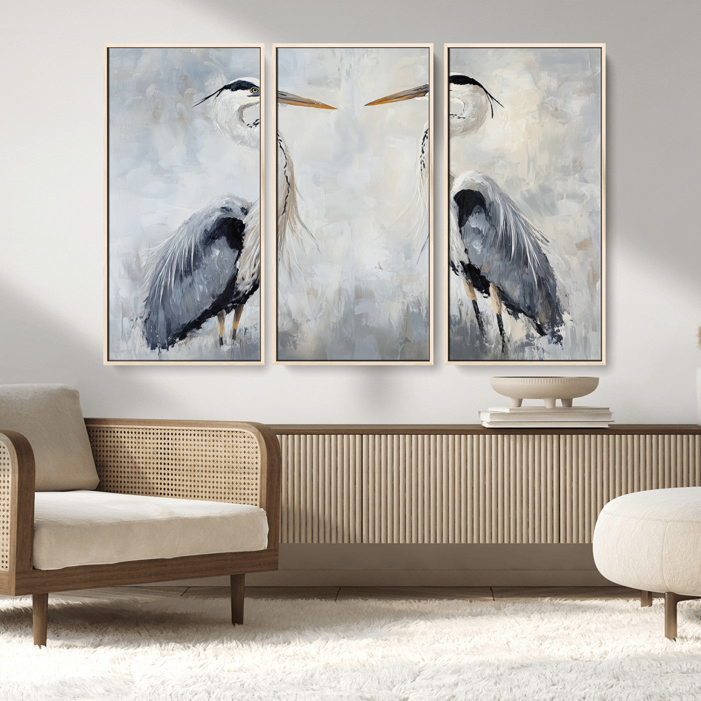 90806932-MGV-FC-48X32-3P_Natural-Heron Wall Art Canvas Print – Framed Bird Nature Inspired Coastal Minimalist Wildlife Artwork for Home Office