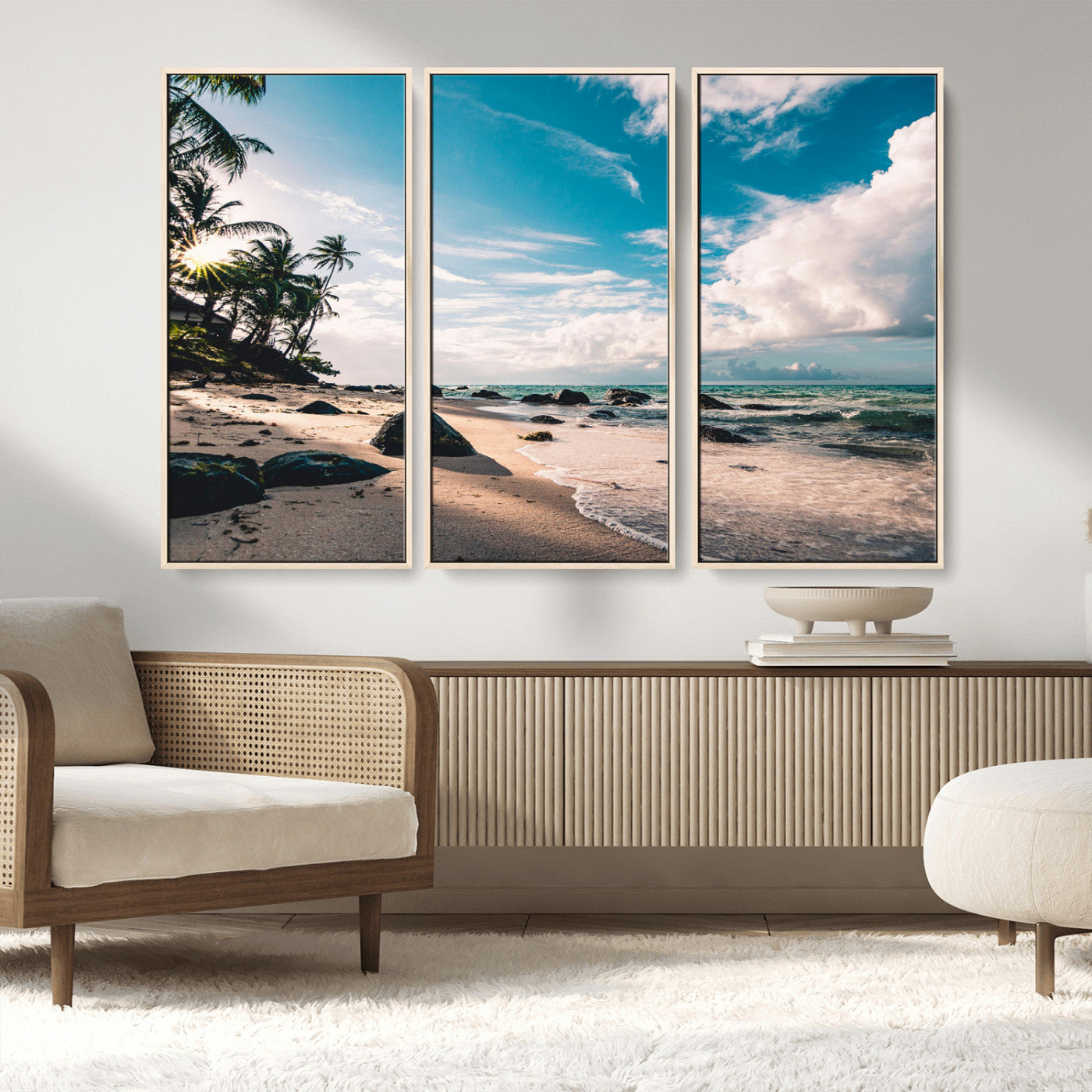 95301406-MGV-FC-48X32-3P_Natural-Tropical Beach Wall Art Canvas Print – Framed Ocean Waves Relaxing Seascape Coastal Nature Scene Artwork for Home Office