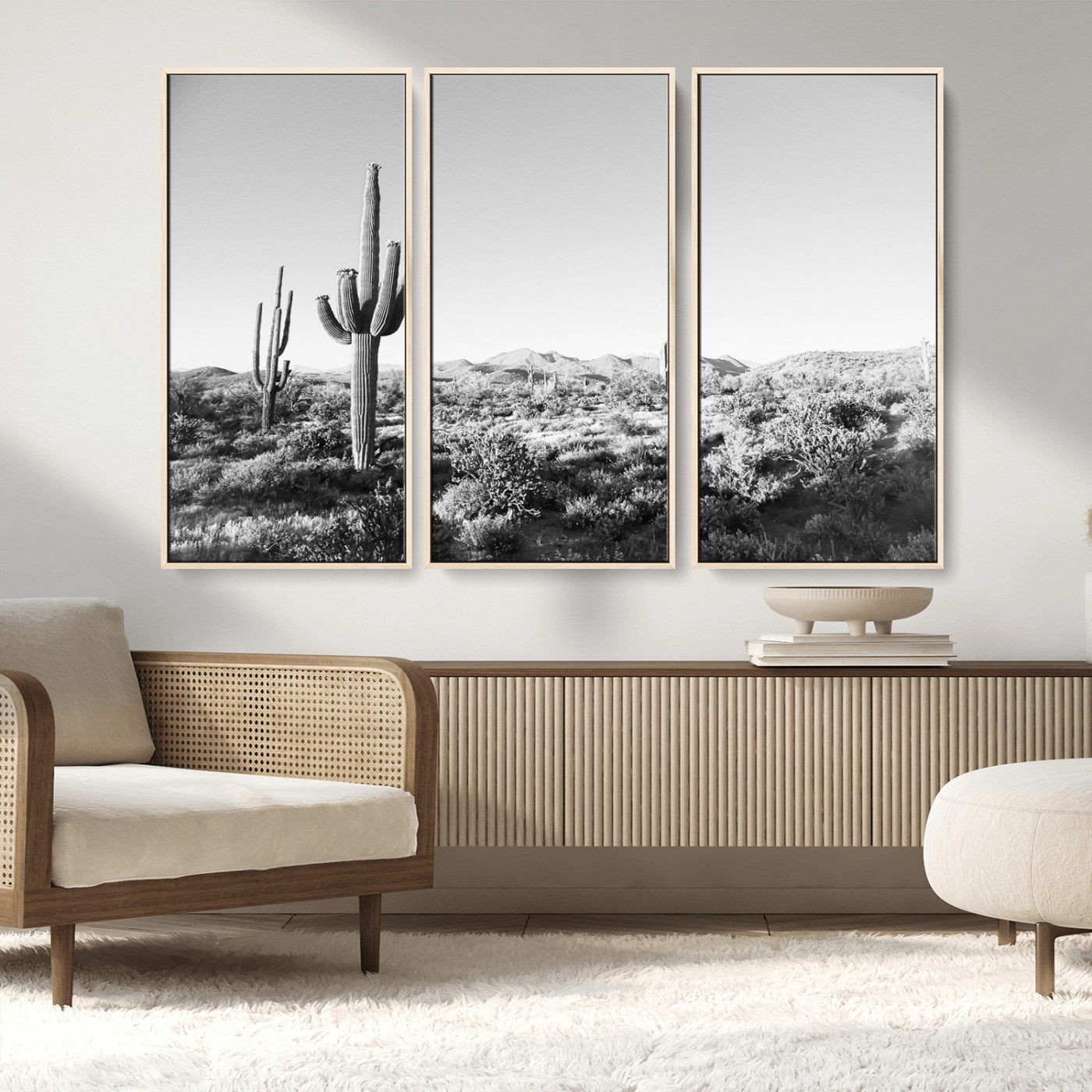 85205054-MGV-FC-48X32-3P_Natural-Saguaro Cactus Wall Art Canvas Print – Framed Monochrome Landscape Scenic Arizona Minimalist Western Artwork for Home, Office