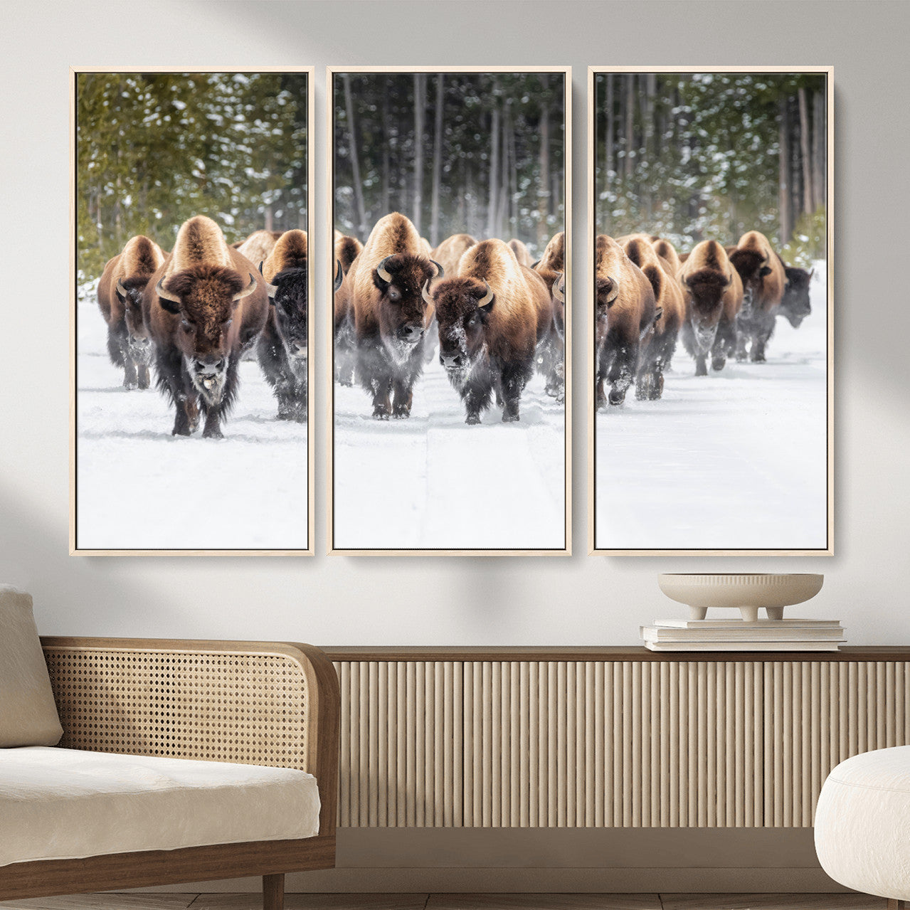 96906195-MGV-FC-48X32-3P - American Bison Herd Snow Canvas Wall Art – Powerful Winter Wildlife Print of Buffalo Motion, Rustic Lodge or Western Cabin Decor for Living Room, Office