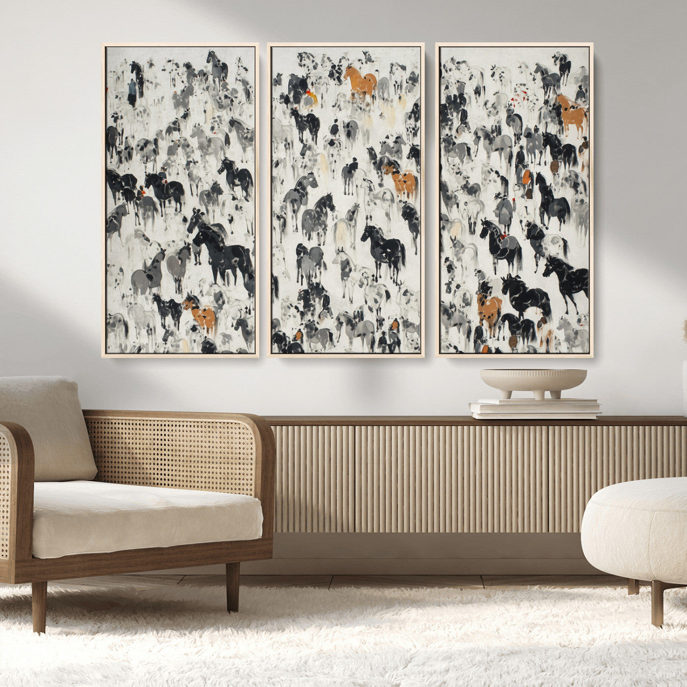 56463722-MGV-FC-48X32-3P_Natural-Wild Horse Stampede Wall Art Canvas Print – Monochrome Running Horses Dynamic Motion Elegant Scene Artwork for Home, Office