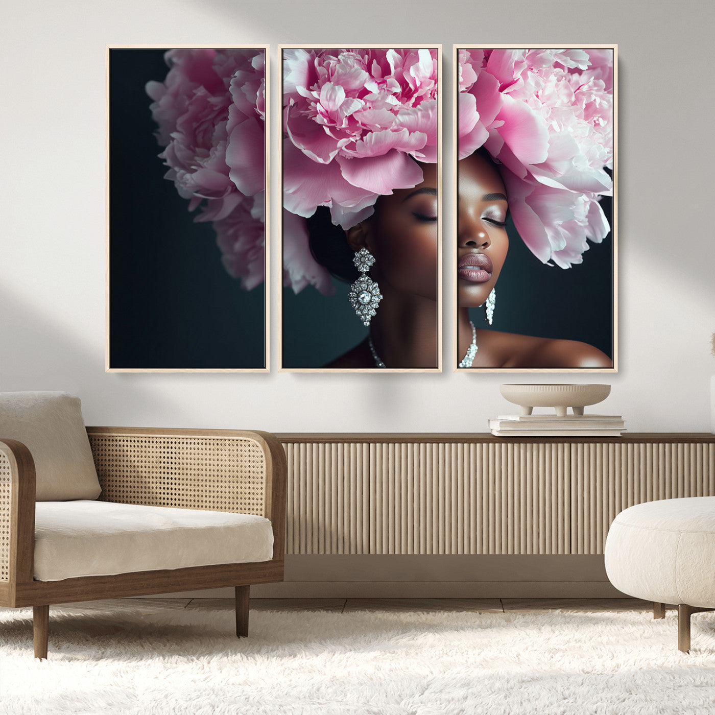 35482880-MGV-FC-48X32-3P_Natural-Black Beauty Petal Crown Wall Art Canvas Print – Floral Petal Headpiece Elegant Design, Petal Inspired Artwork for Home, Office