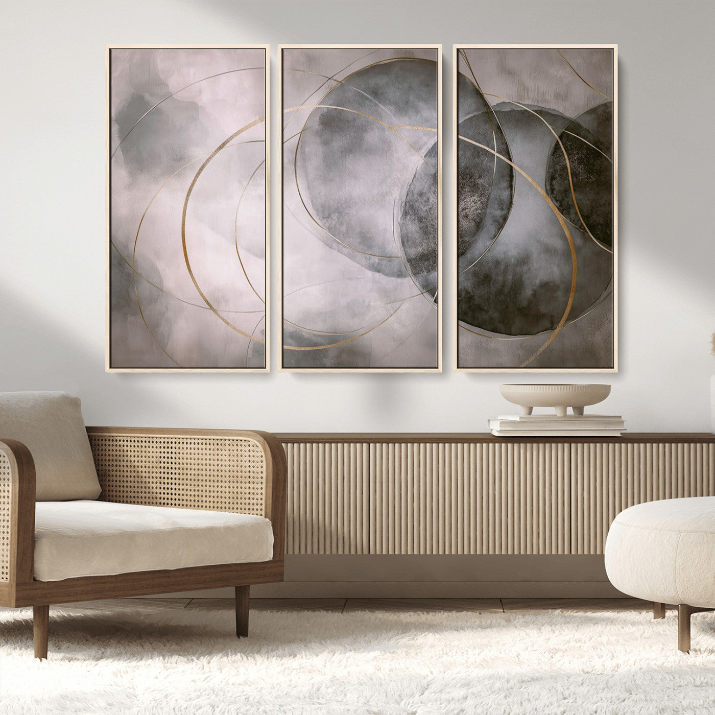 20066876-MGV-FC-48X32-3P_Natural-Abstract Grey Gold Circle Wall Art – Modern Geometric Canvas Artwork, Minimal Elegant Design, Luxury Wall Decor for Home, Office