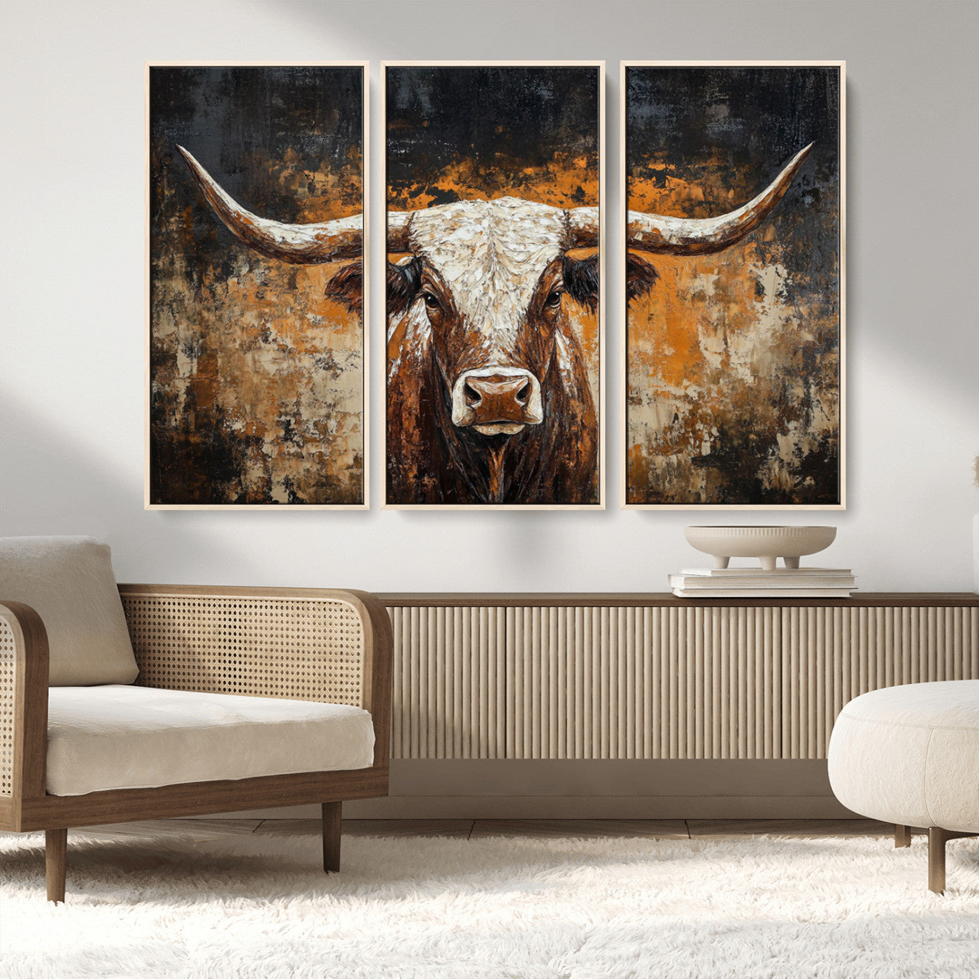 25265572-MGV-FC-48X32-3P_Natural-Rustic Longhorn Bull Wall Art Canvas Print – Vintage Western Cattle Scene, Texas Steer Artwork for Home, Office