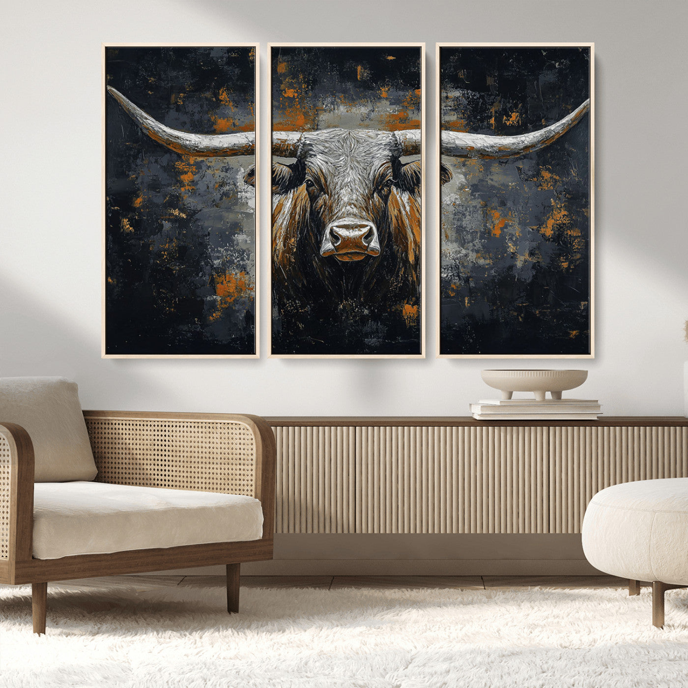 93195031-MGV-FC-48X32-3P_Natural-Rustic Longhorn Bull Wall Art Canvas Print – Vintage Western Cattle Scene, Texas Steer Artwork for Home, Office